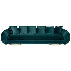 Modern Upholstery Belly Sofa in Blue Velvet and Polished Brass Base