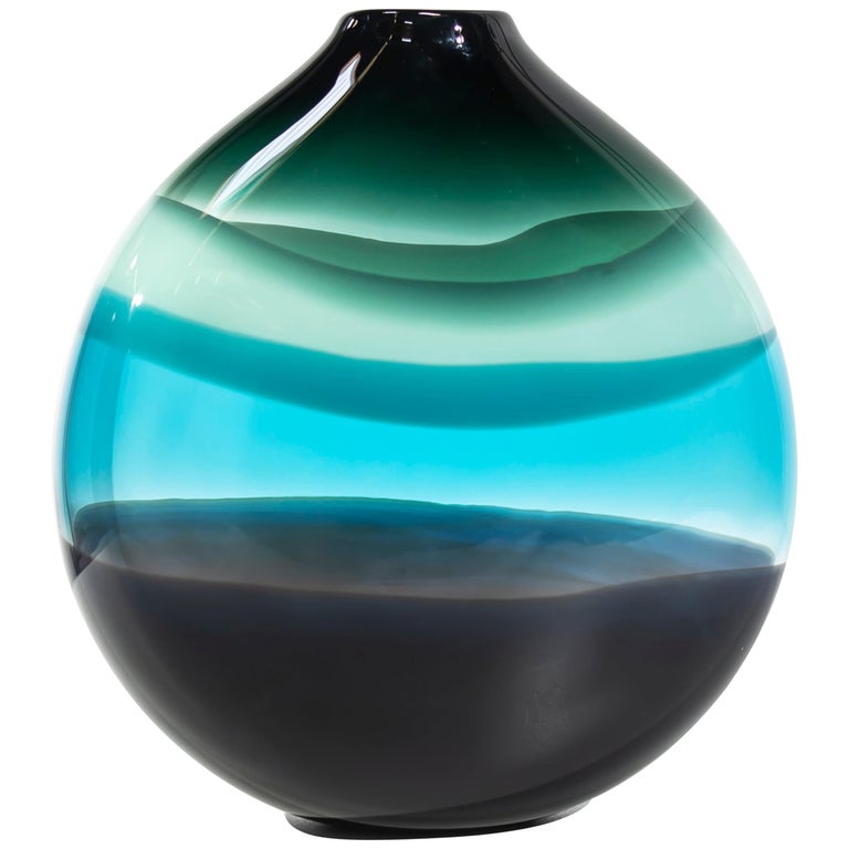 Modern Vase, 4 Banded Aqua Flat Round, Handblown at 1stDibs