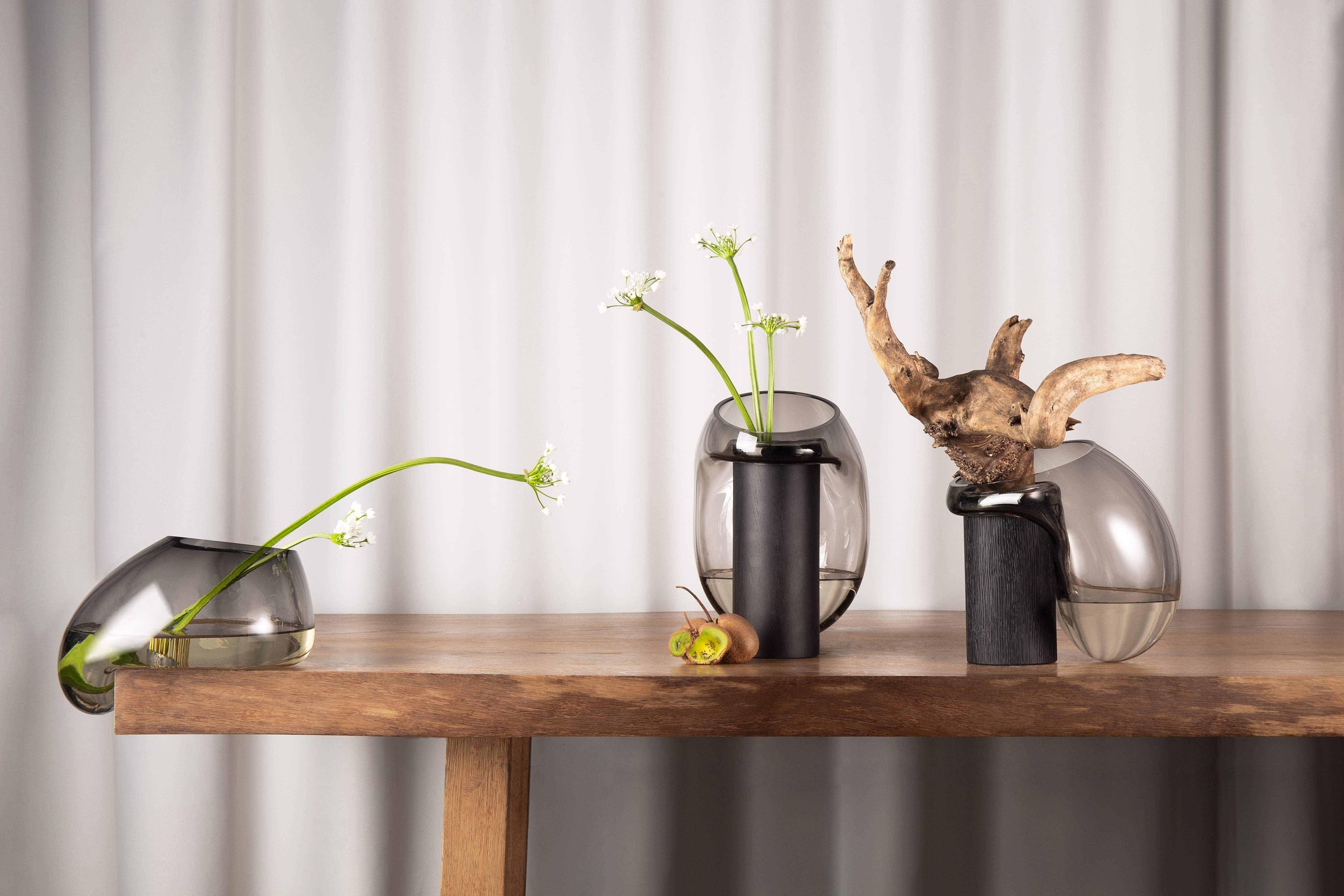 Hand-Crafted Modern Vase 'Gutta CS3' by Noom, Blown Neutral Grey Glass For Sale