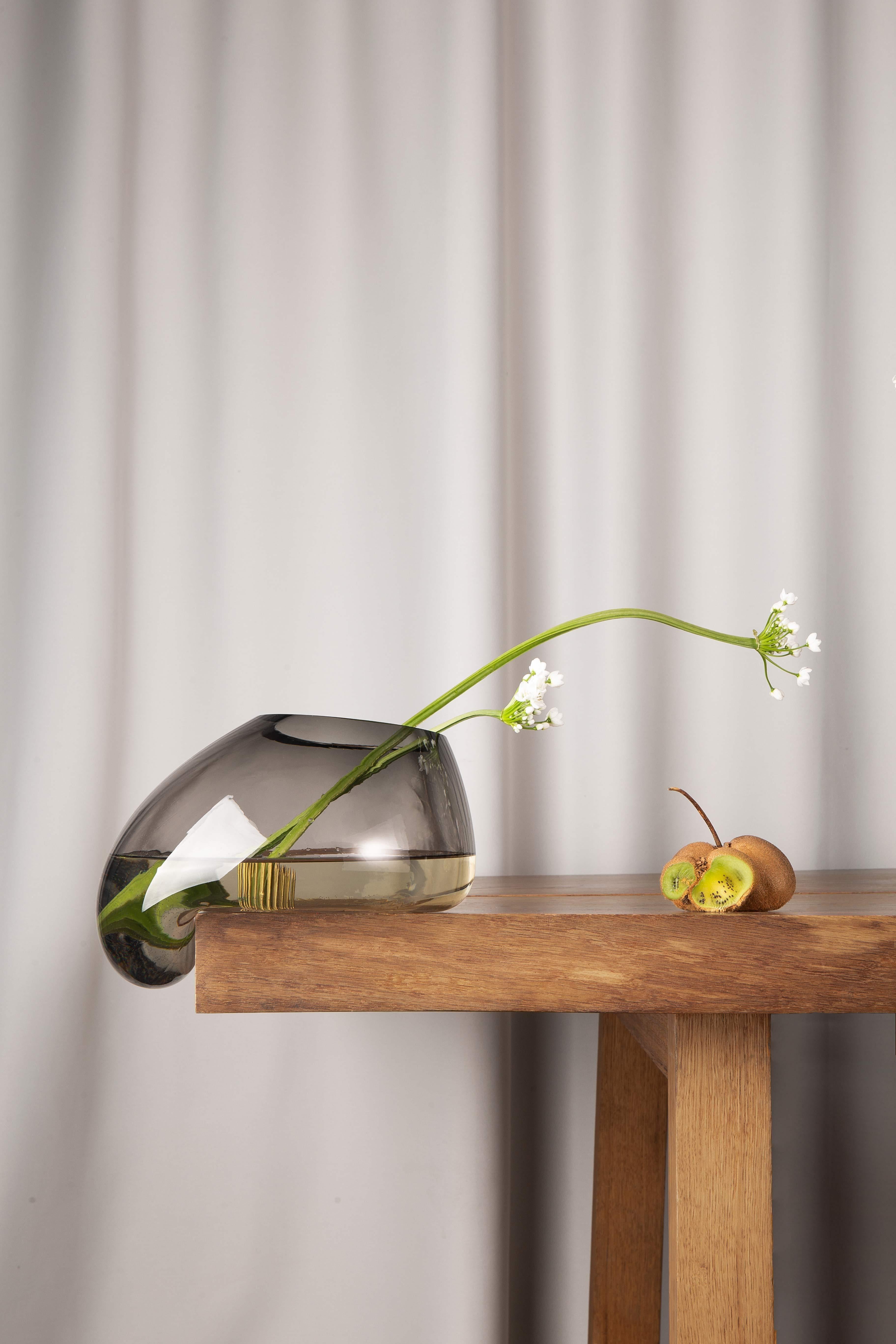 Contemporary Modern Vase 'Gutta CS3' by Noom, Blown Neutral Grey Glass For Sale