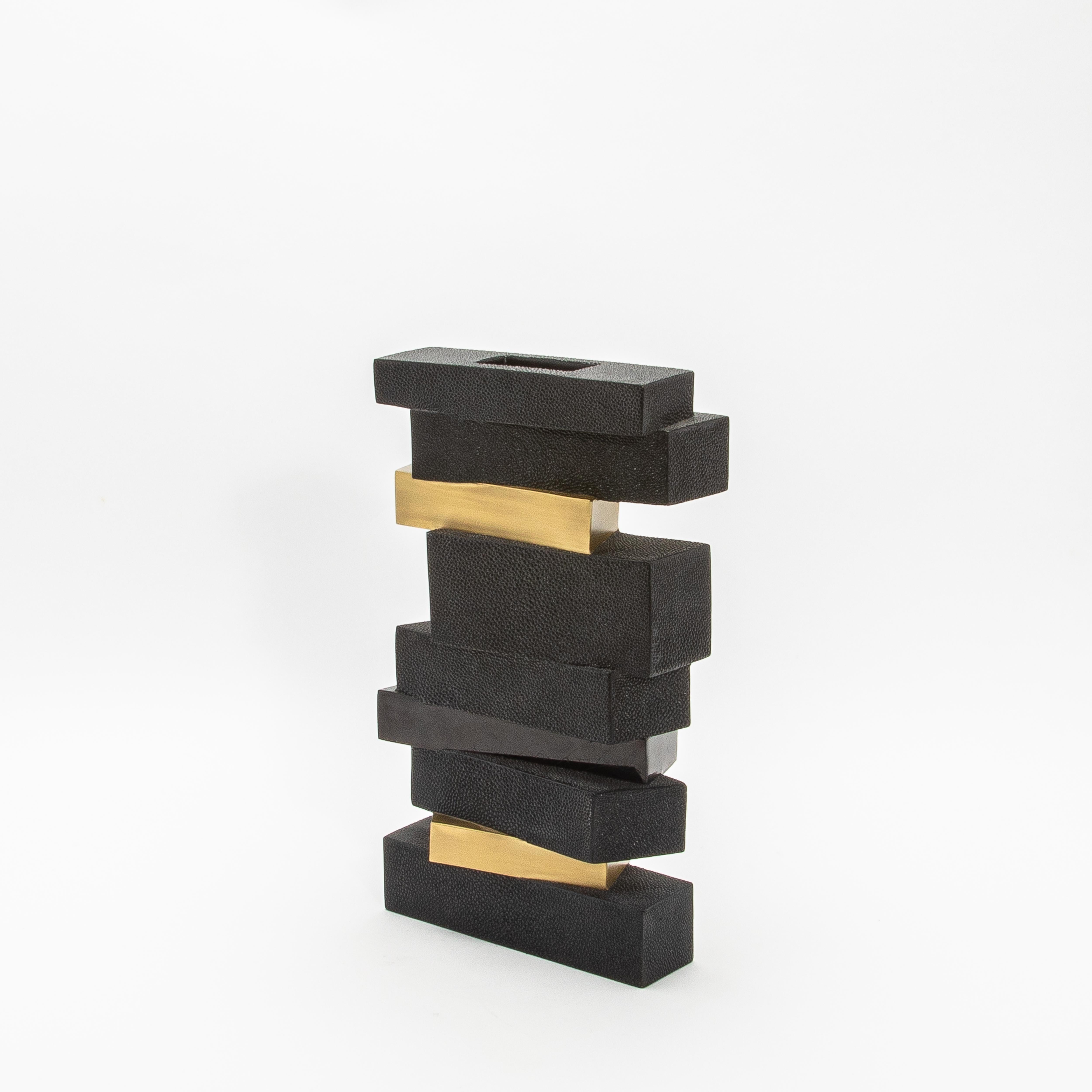 Hand-Crafted Modern Vase in Black Shagreen with Shell and Brass Details by KIFU Paris For Sale