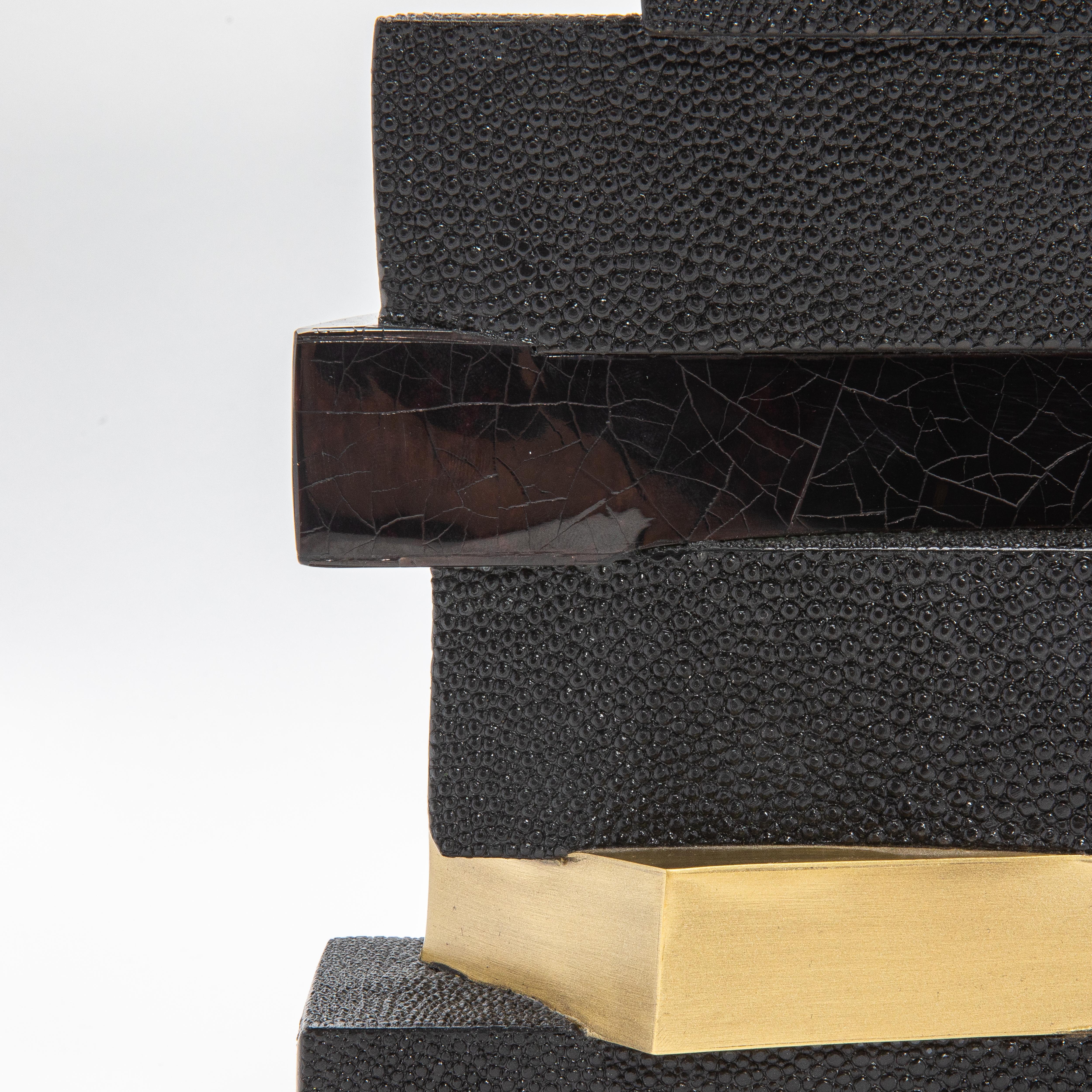 Contemporary Modern Vase in Black Shagreen with Shell and Brass Details by KIFU Paris For Sale