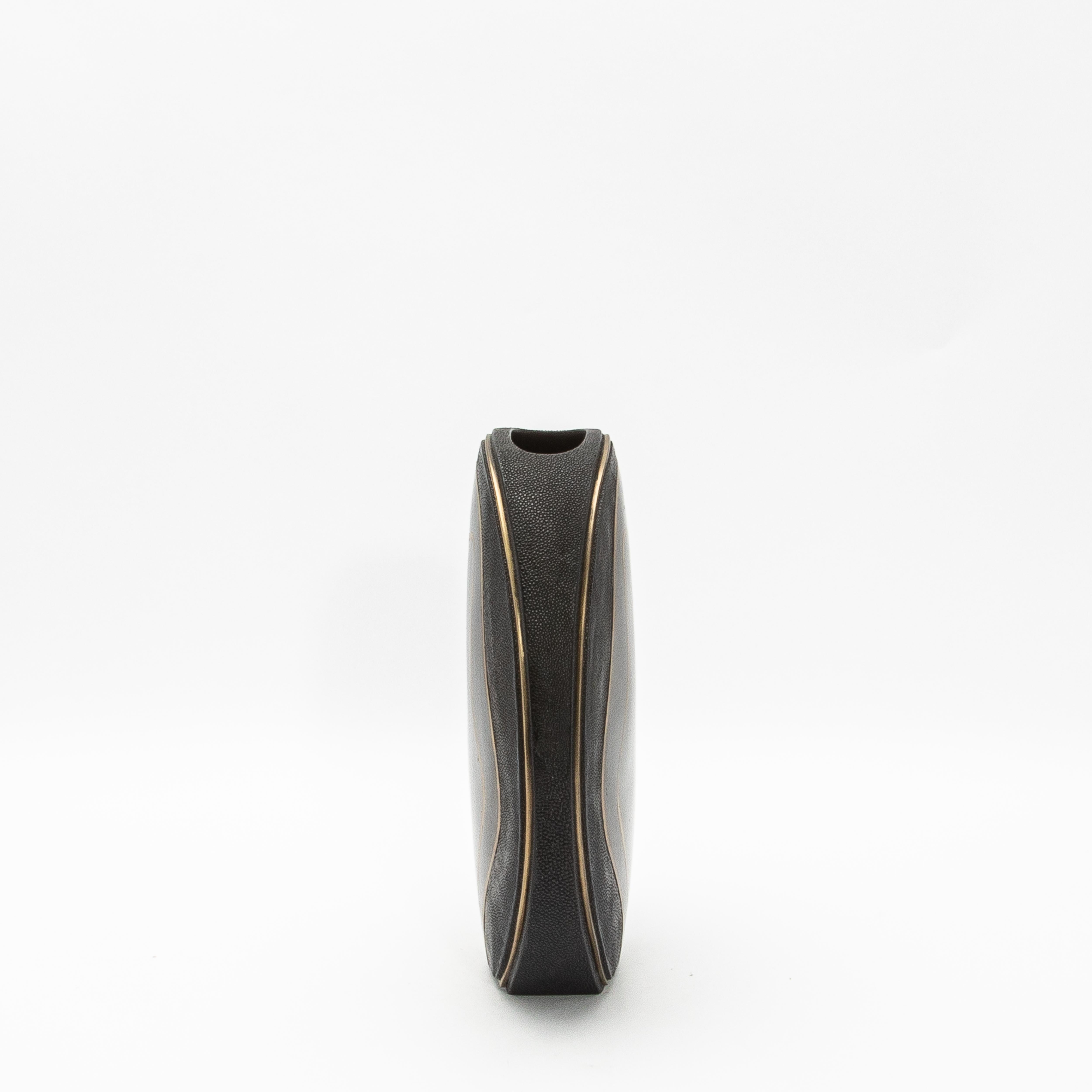 Art Deco Modern Vase in Shagreen with Black Shell and Brass Details by R&Y Augousti For Sale