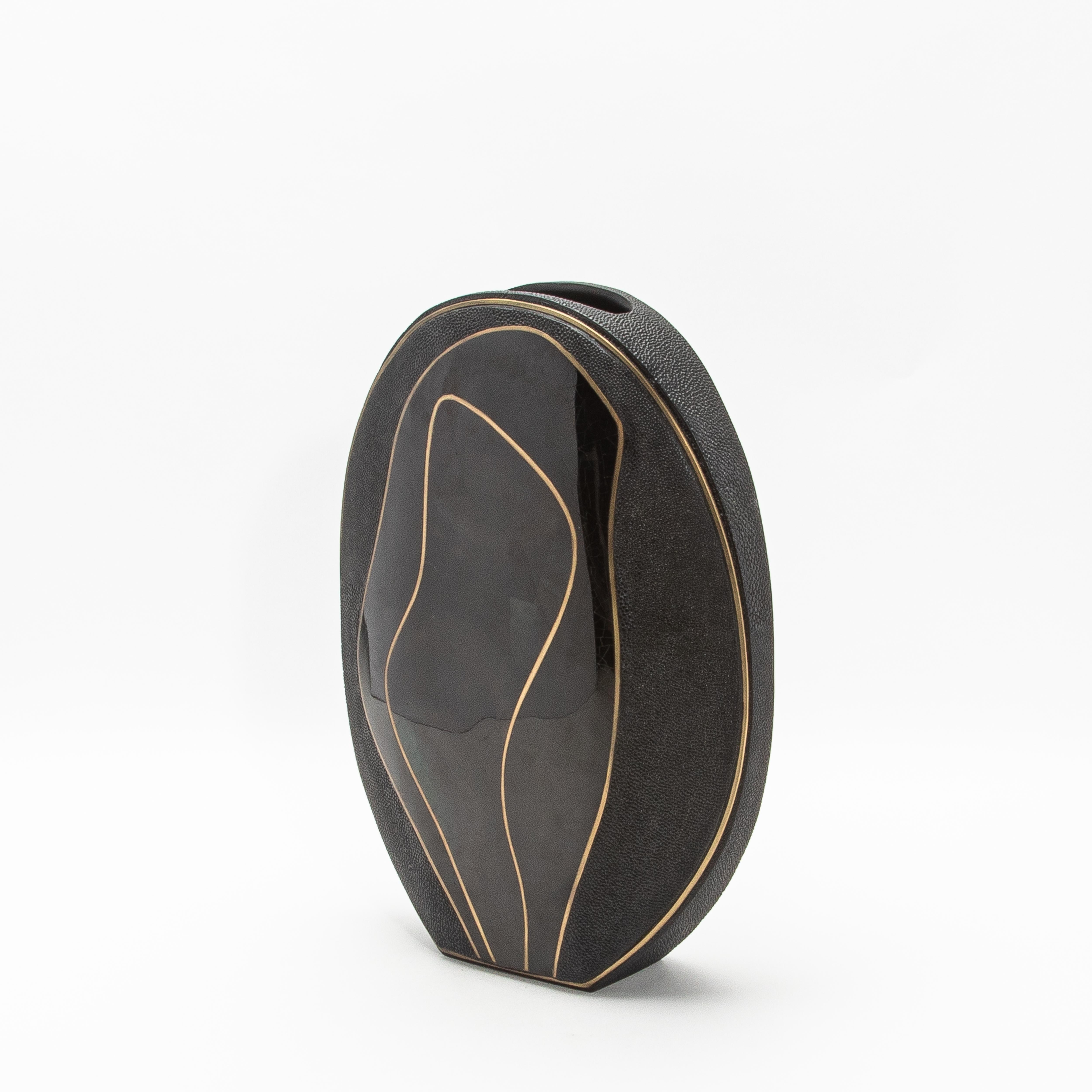 Philippine Modern Vase in Shagreen with Black Shell and Brass Details by R&Y Augousti For Sale