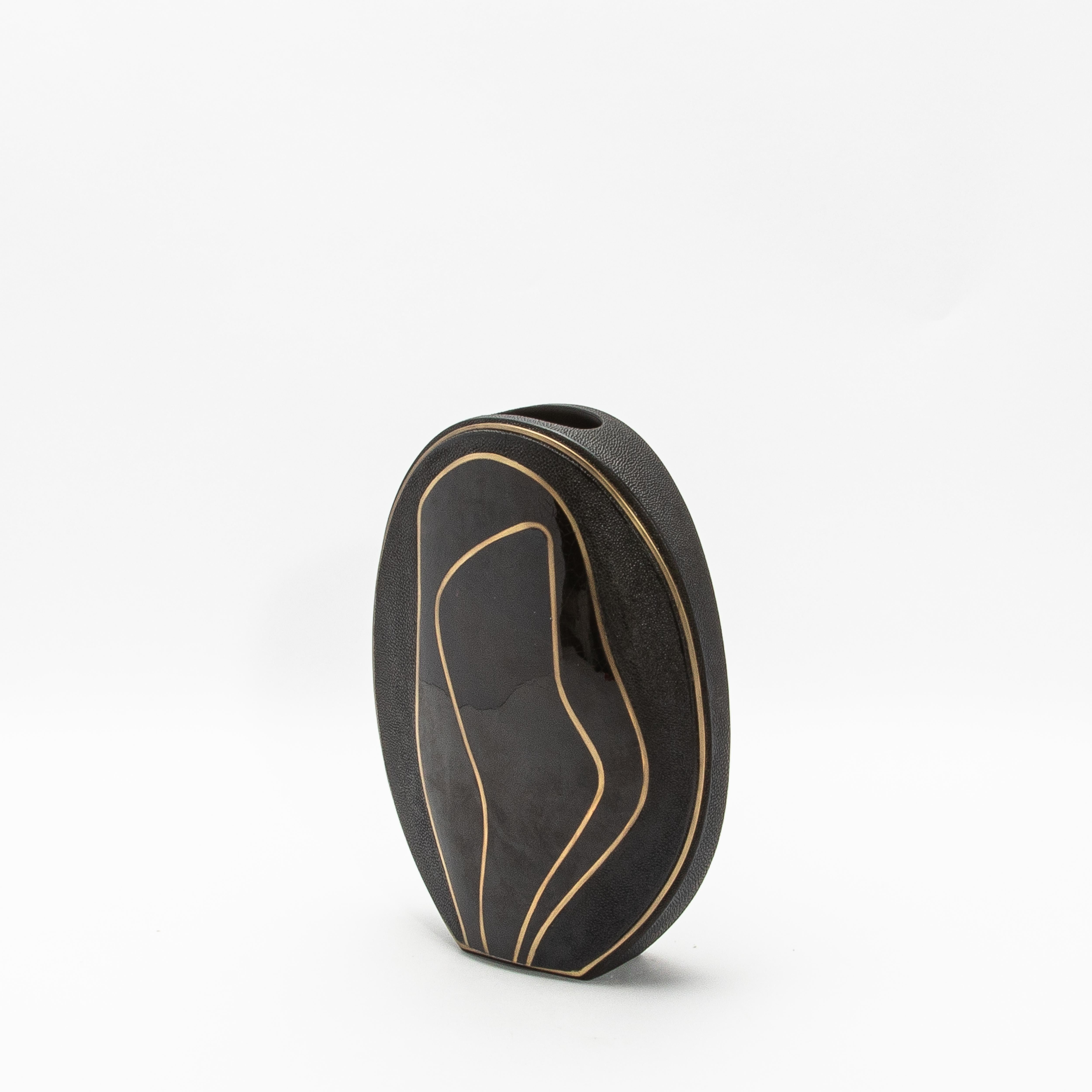Philippine Modern Vase in Shagreen with Black Shell and Brass Details by R&Y Augousti For Sale