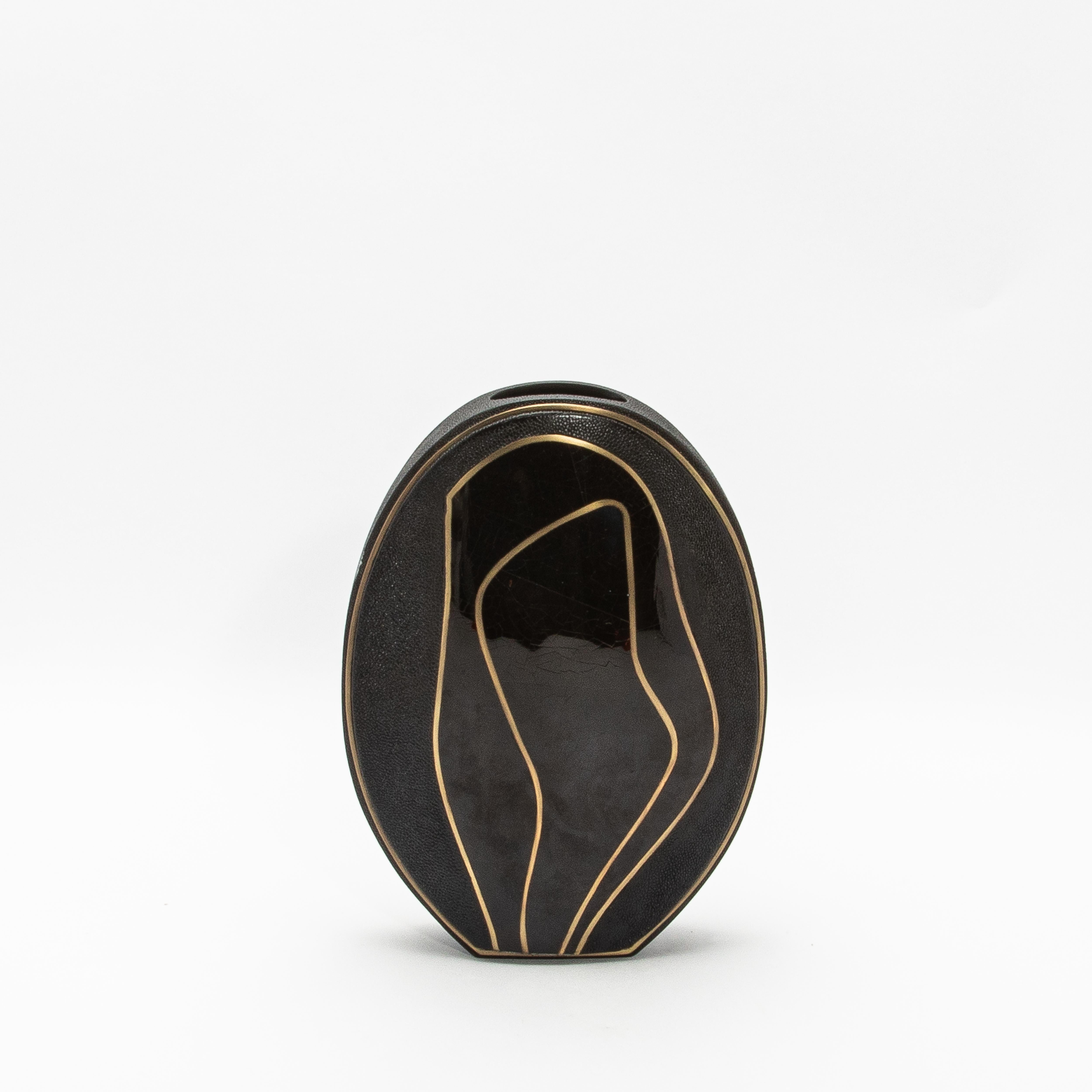 Hand-Crafted Modern Vase in Shagreen with Black Shell and Brass Details by R&Y Augousti For Sale