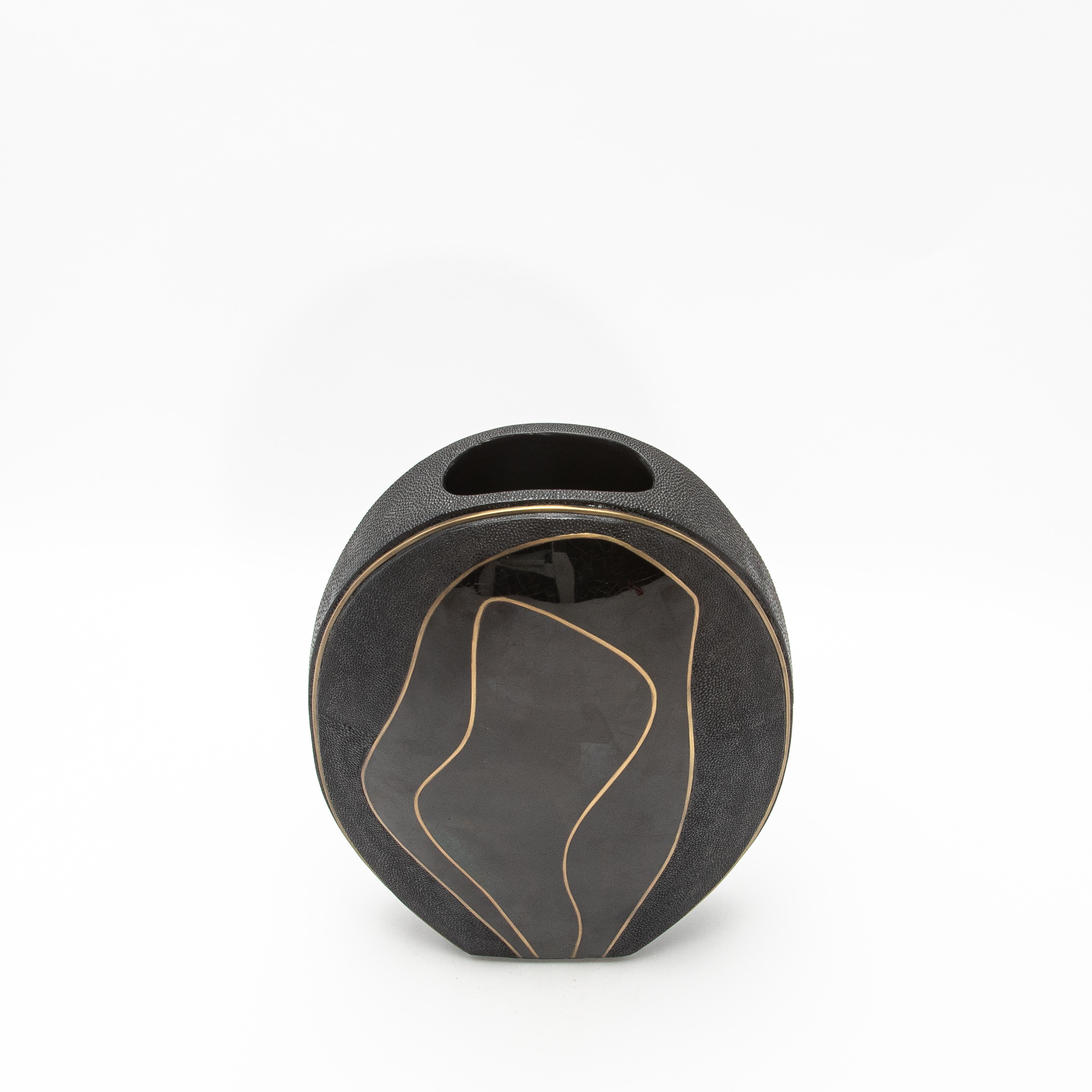 Contemporary Modern Vase in Shagreen with Black Shell and Brass Details by R&Y Augousti For Sale