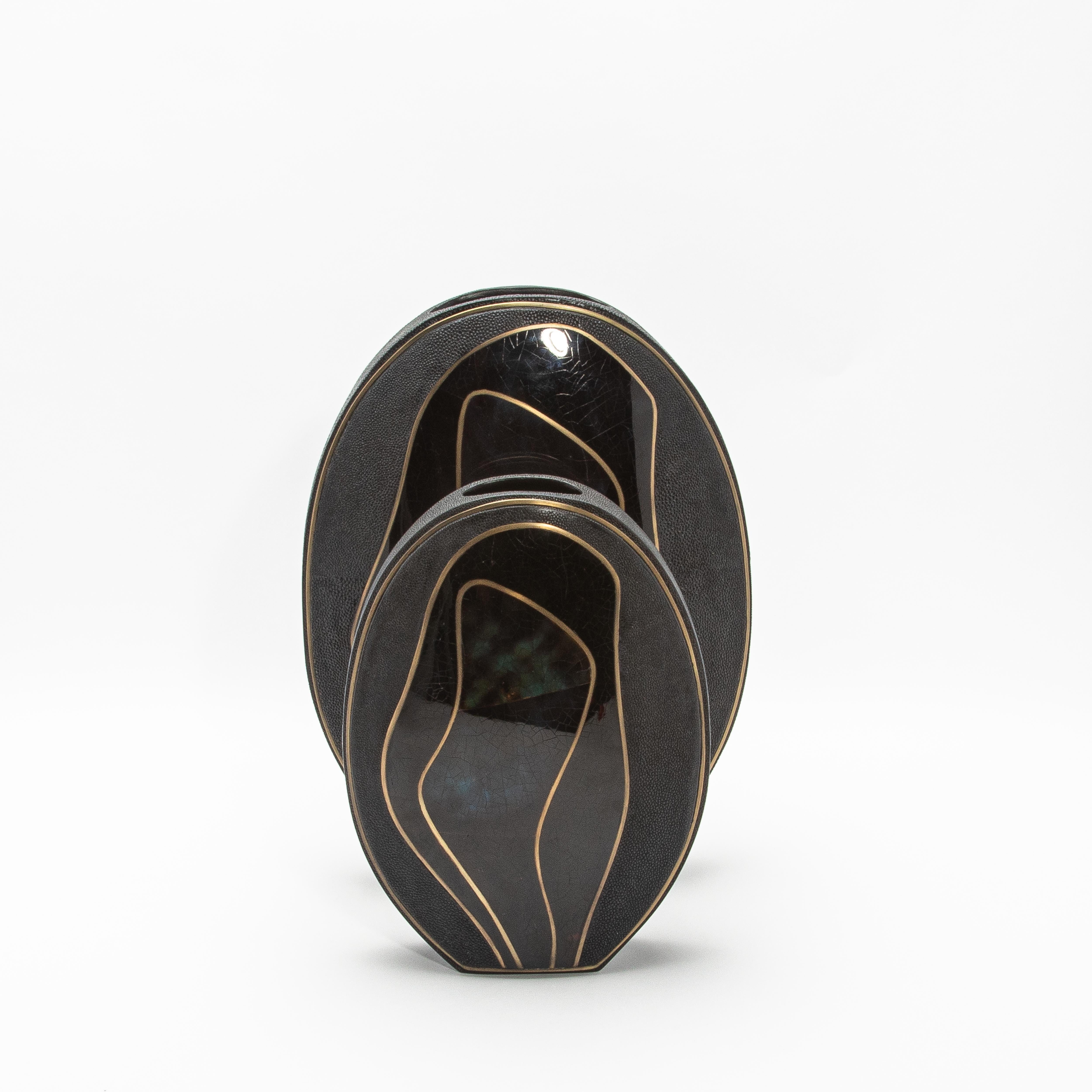 Modern Vase in Shagreen with Black Shell and Brass Details by R&Y Augousti For Sale 1