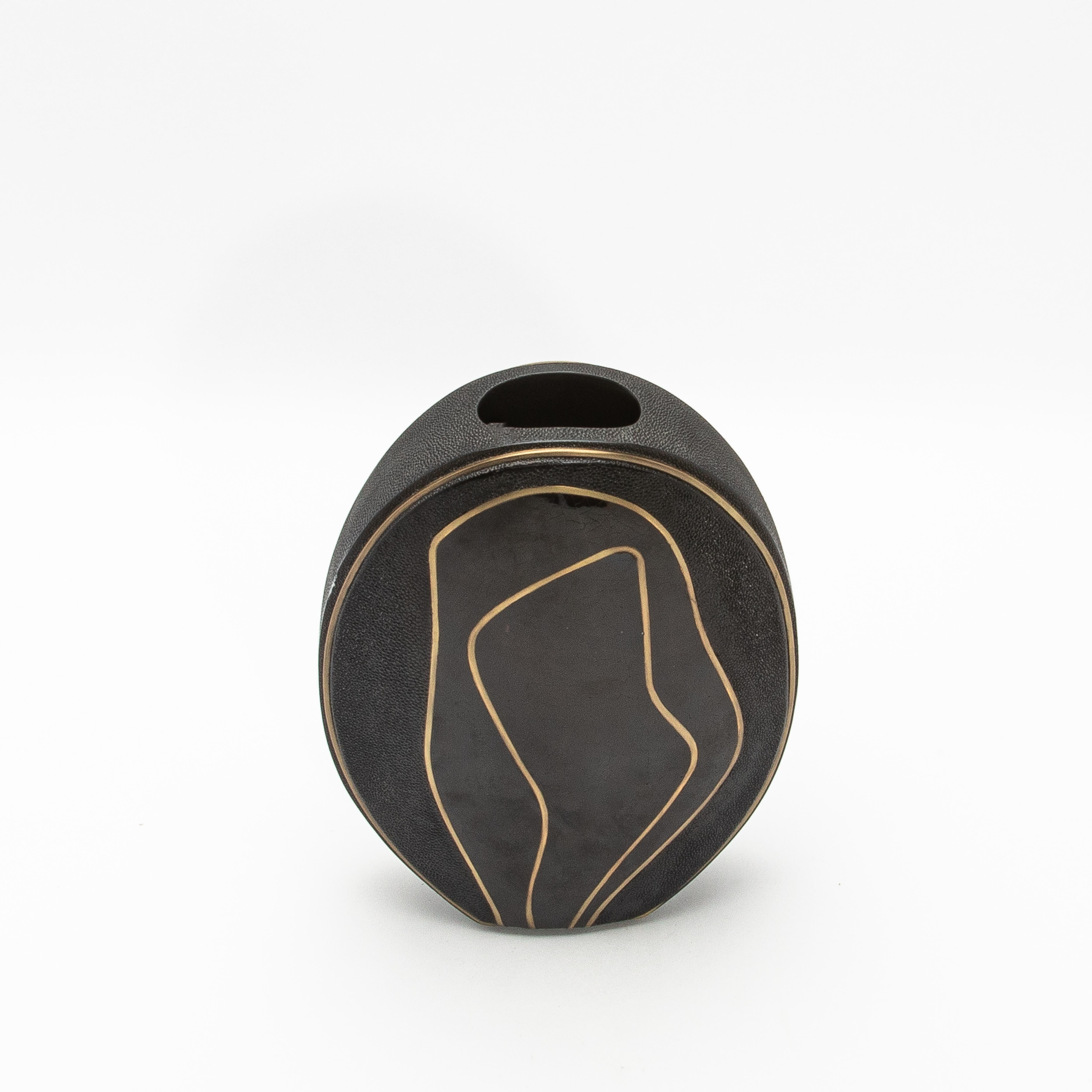 Modern Vase in Shagreen with Black Shell and Brass Details by R&Y Augousti For Sale 1