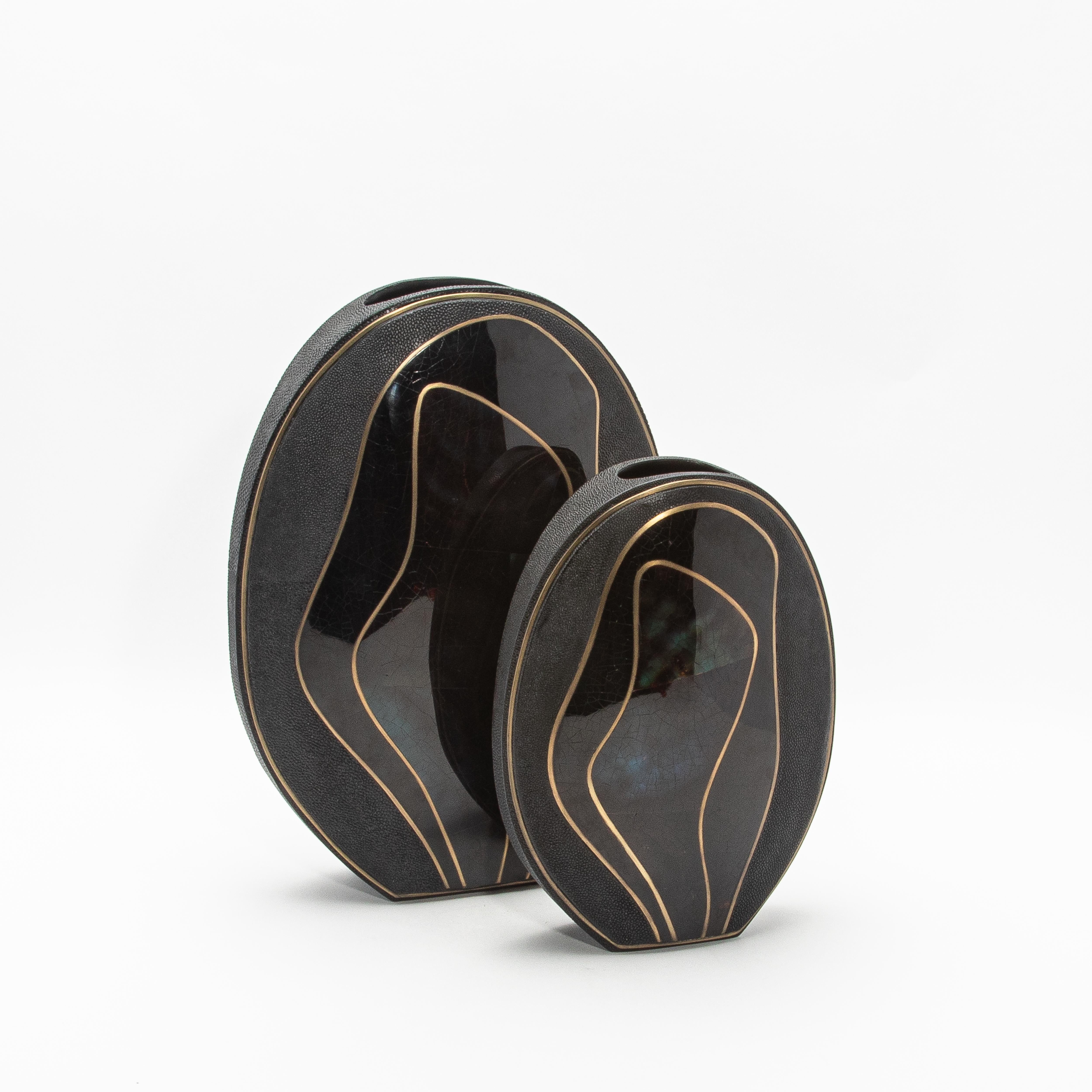 Modern Vase in Shagreen with Black Shell and Brass Details by R&Y Augousti For Sale 2