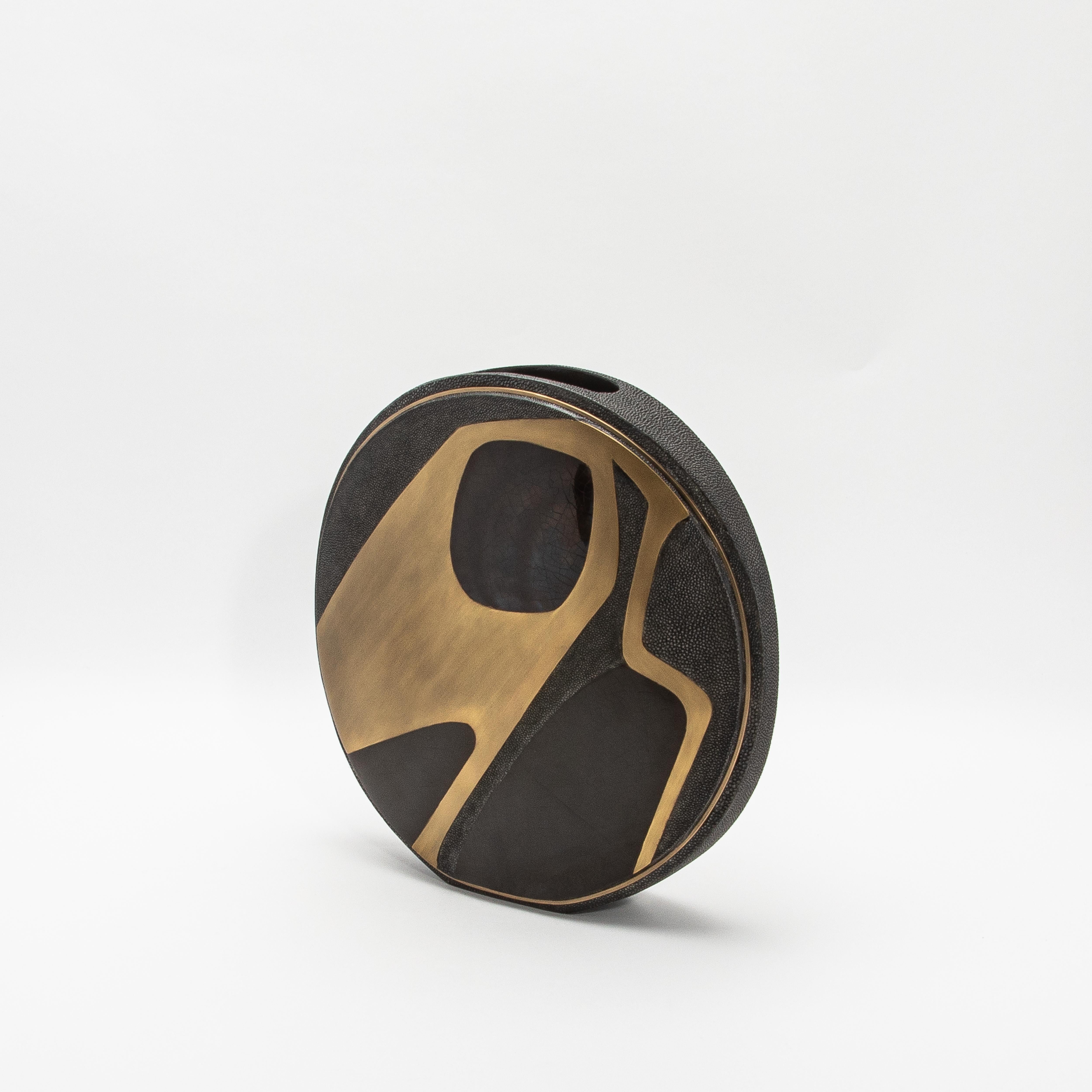 Art Deco Modern Vase in Shagreen with Shell and Brass Details by R&Y Augousti For Sale