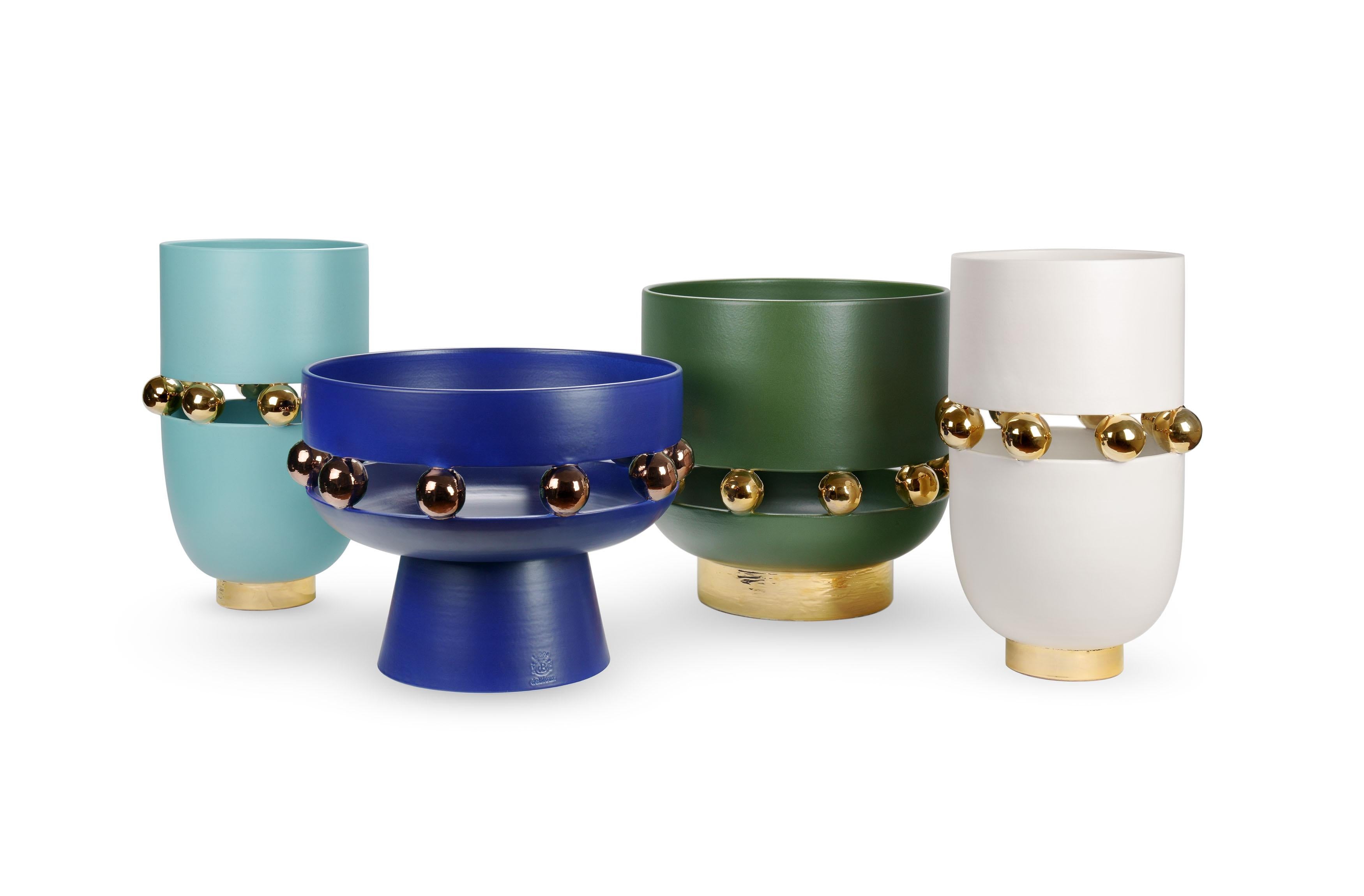 Modern Vase, Matte Finish Aquamarine, Spheres 24kt Gold Luster, Handmade Italy For Sale 5