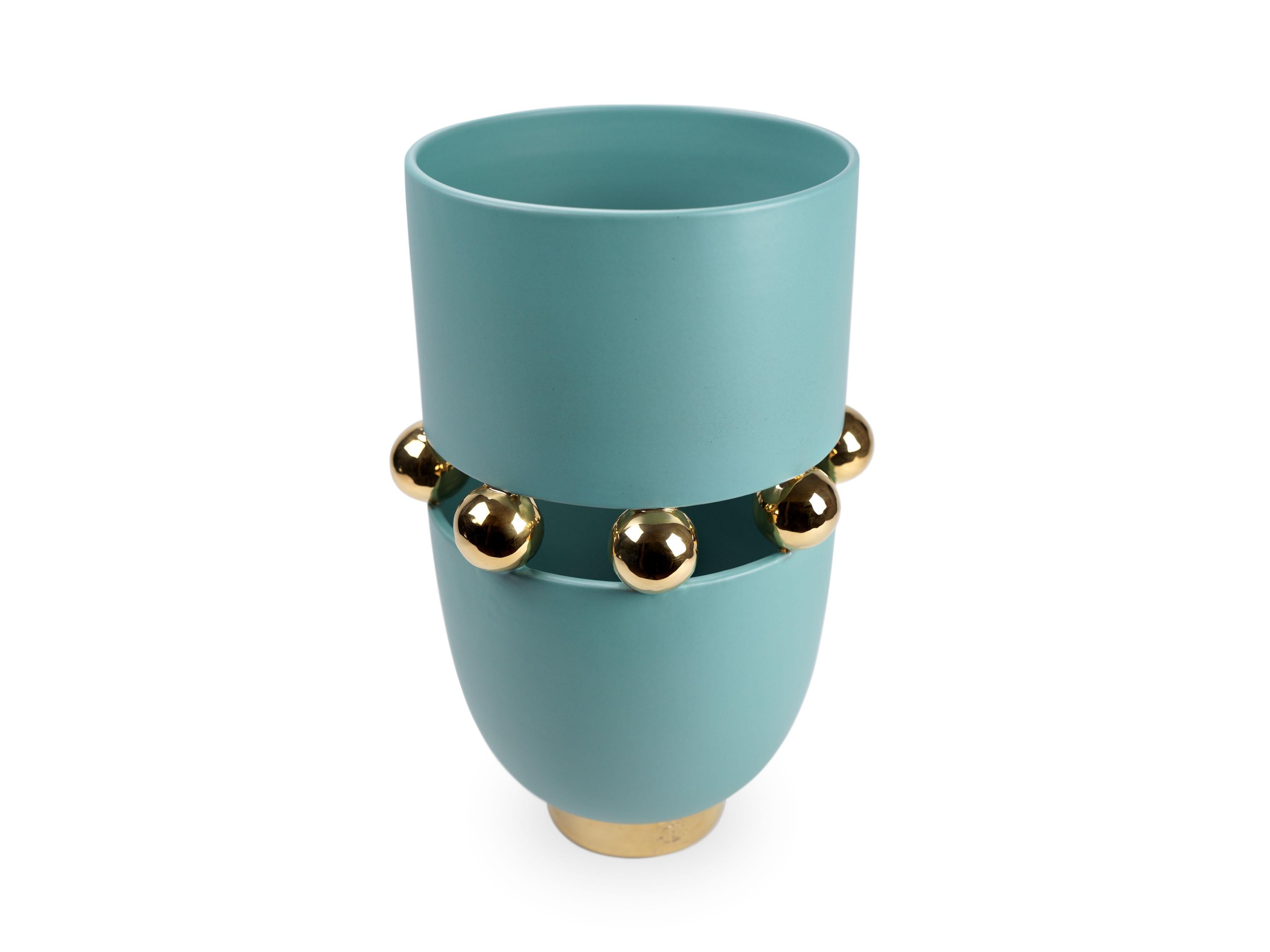 Italian Modern Vase, Matte Finish Aquamarine, Spheres 24kt Gold Luster, Handmade Italy For Sale