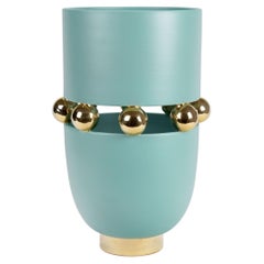 Modern Vase, Matte Finish Aquamarine, Spheres 24kt Gold Luster, Handmade Italy