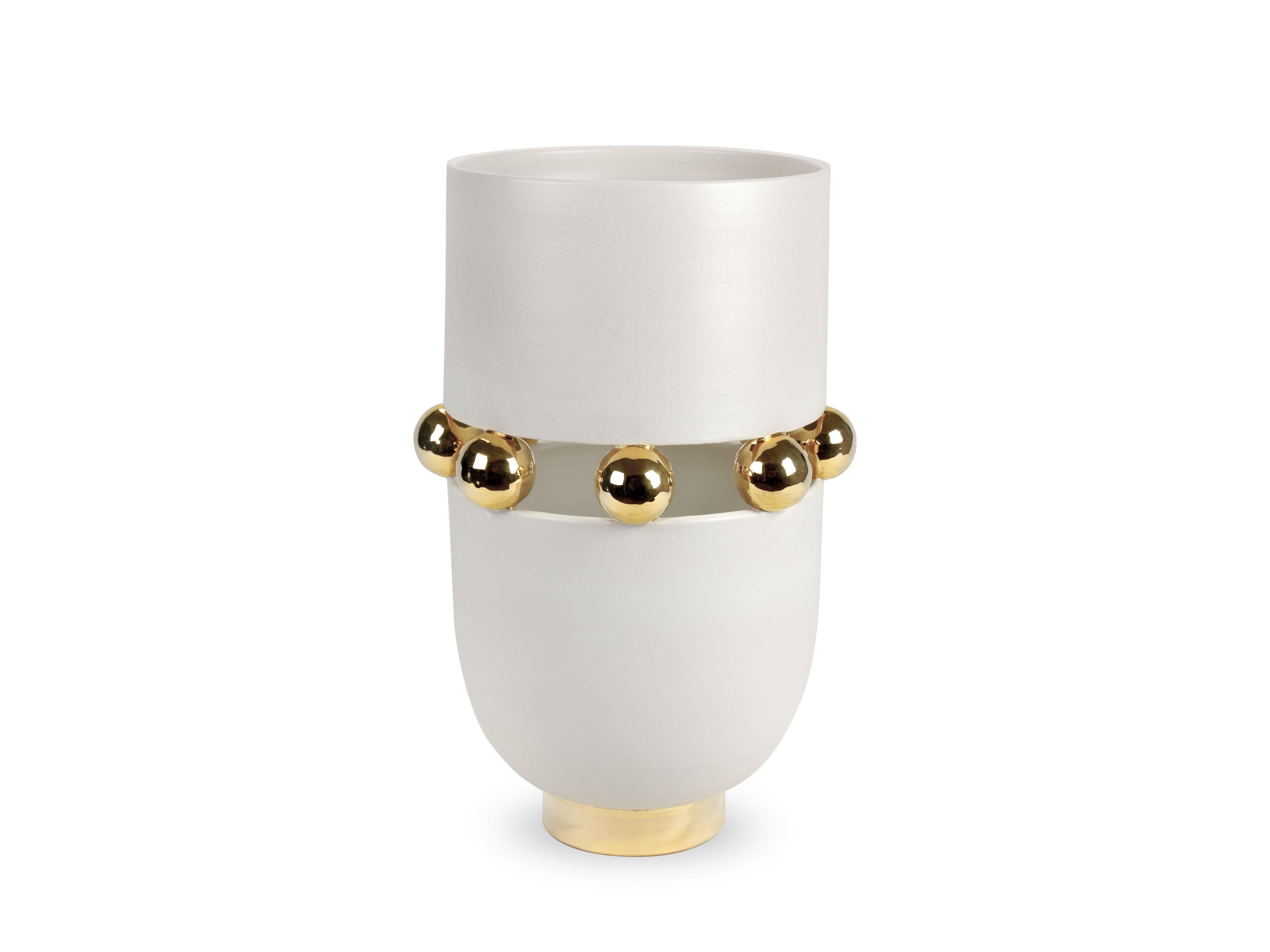 Hand-Painted Modern Vase, Matte Finish Warm White, Spheres 24kt Gold Luster, Handmade Italy For Sale