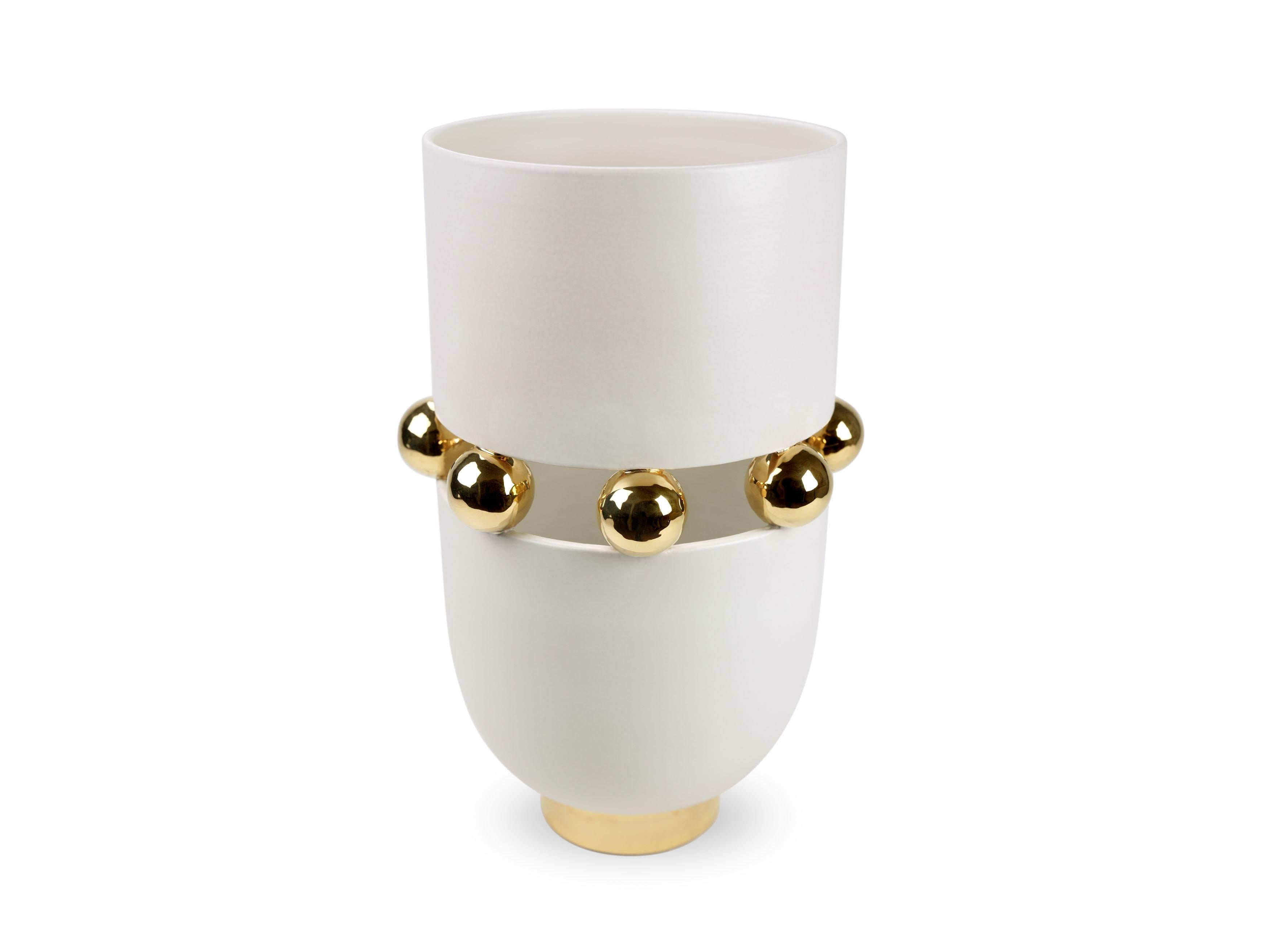Contemporary Modern Vase, Matte Finish Warm White, Spheres 24kt Gold Luster, Handmade Italy For Sale