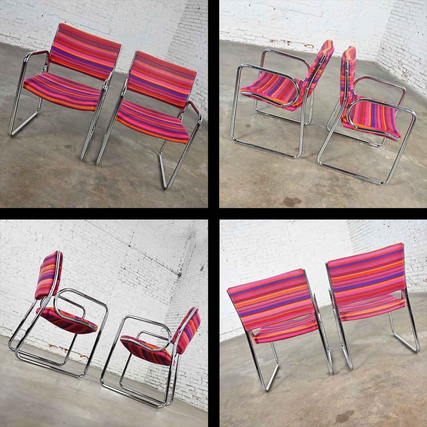 Modern Vecta Chrome Armchairs 4 Purple 2 Blue 2 Multicolored Stripe Set of 8 For Sale 5
