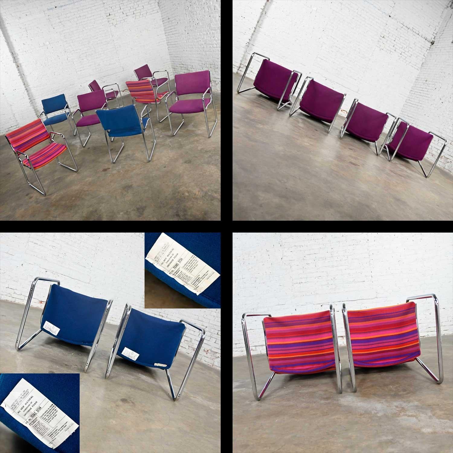 Modern Vecta Chrome Armchairs 4 Purple 2 Blue 2 Multicolored Stripe Set of 8 For Sale 6