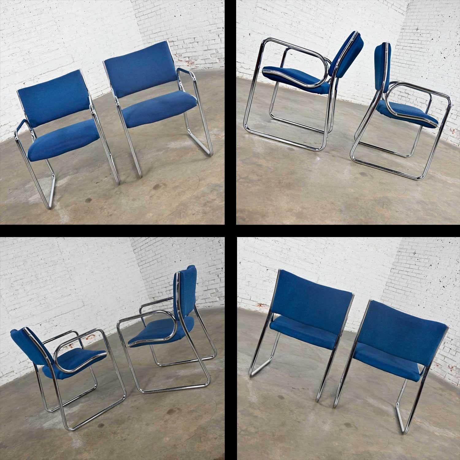 Modern Vecta Chrome Armchairs 4 Purple 2 Blue 2 Multicolored Stripe Set of 8 For Sale 7