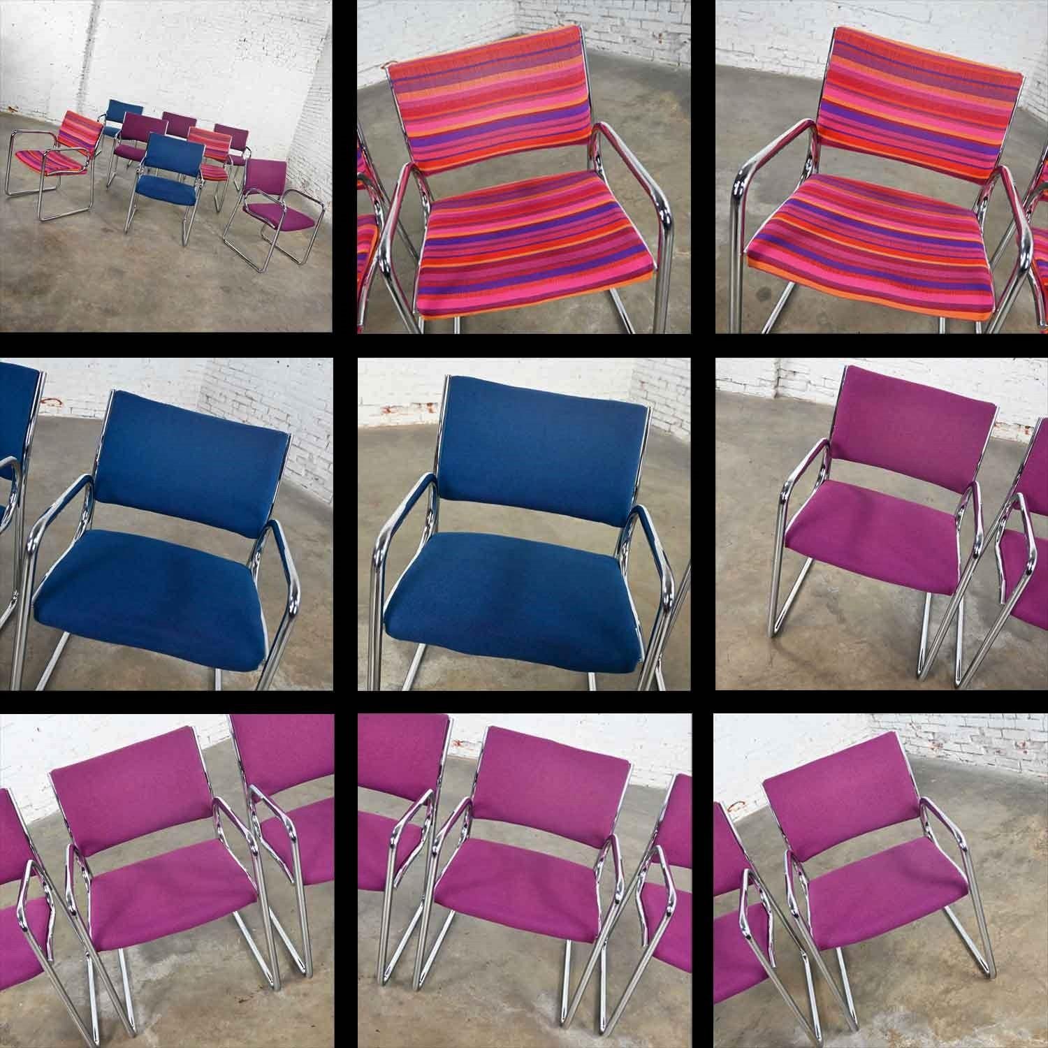 Modern Vecta Chrome Armchairs 4 Purple 2 Blue 2 Multicolored Stripe Set of 8 9