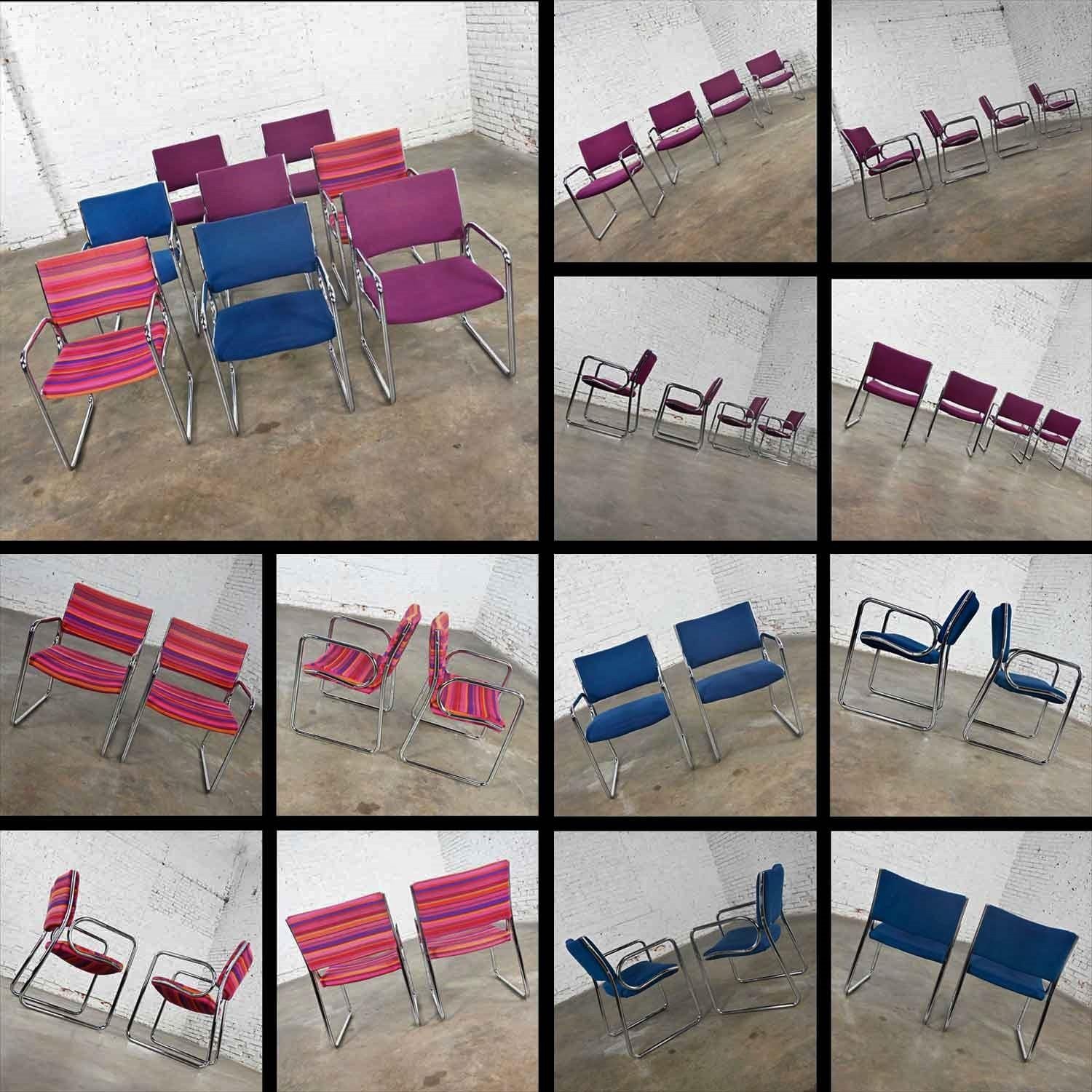 Modern Vecta Chrome Armchairs 4 Purple 2 Blue 2 Multicolored Stripe Set of 8 13