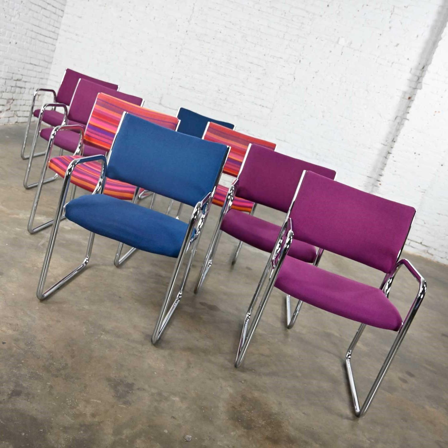American Modern Vecta Chrome Armchairs 4 Purple 2 Blue 2 Multicolored Stripe Set of 8 For Sale