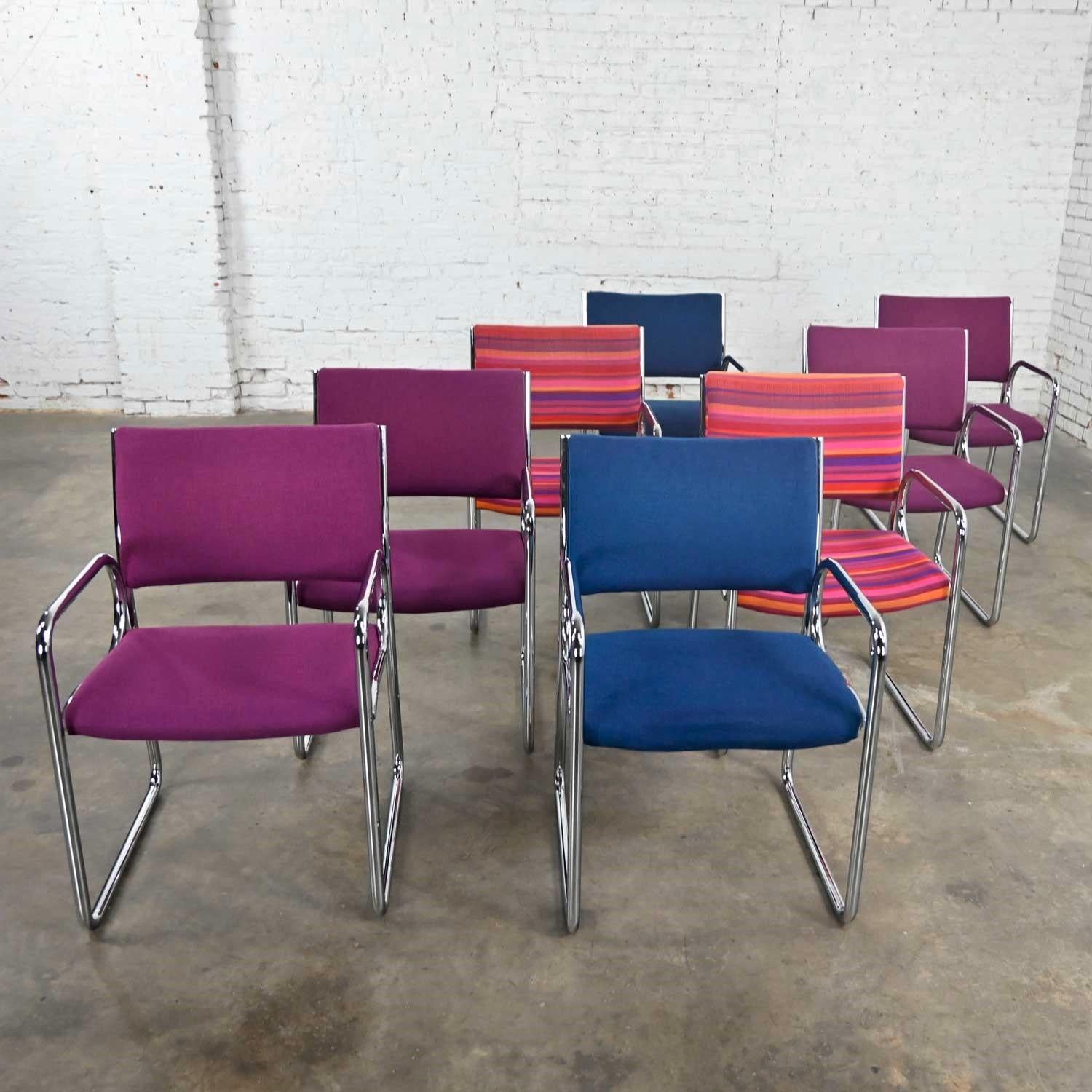 Modern Vecta Chrome Armchairs 4 Purple 2 Blue 2 Multicolored Stripe Set of 8 In Good Condition In Topeka, KS