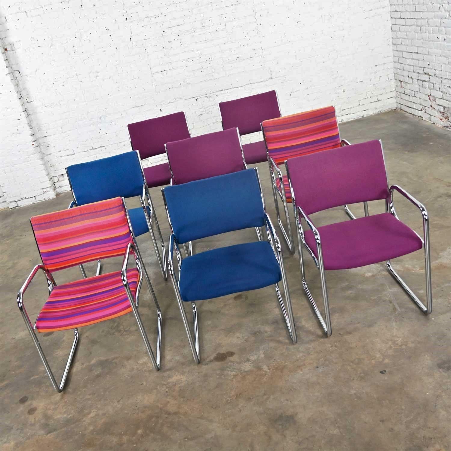 Late 20th Century Modern Vecta Chrome Armchairs 4 Purple 2 Blue 2 Multicolored Stripe Set of 8 For Sale