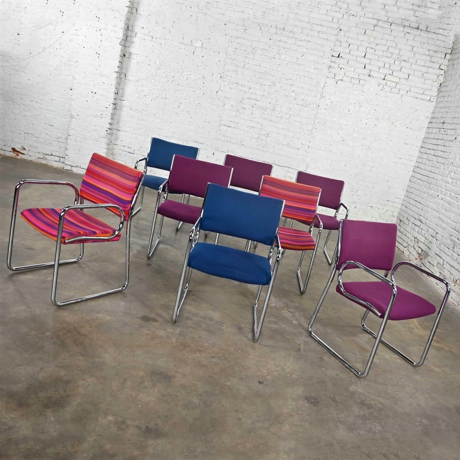 Fabric Modern Vecta Chrome Armchairs 4 Purple 2 Blue 2 Multicolored Stripe Set of 8 For Sale
