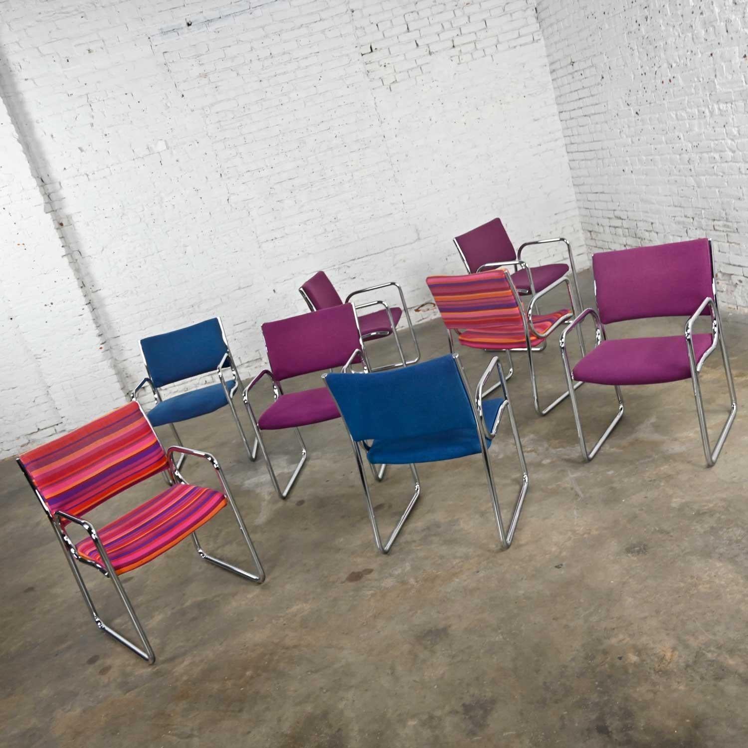 Late 20th Century Modern Vecta Chrome Armchairs 4 Purple 2 Blue 2 Multicolored Stripe Set of 8