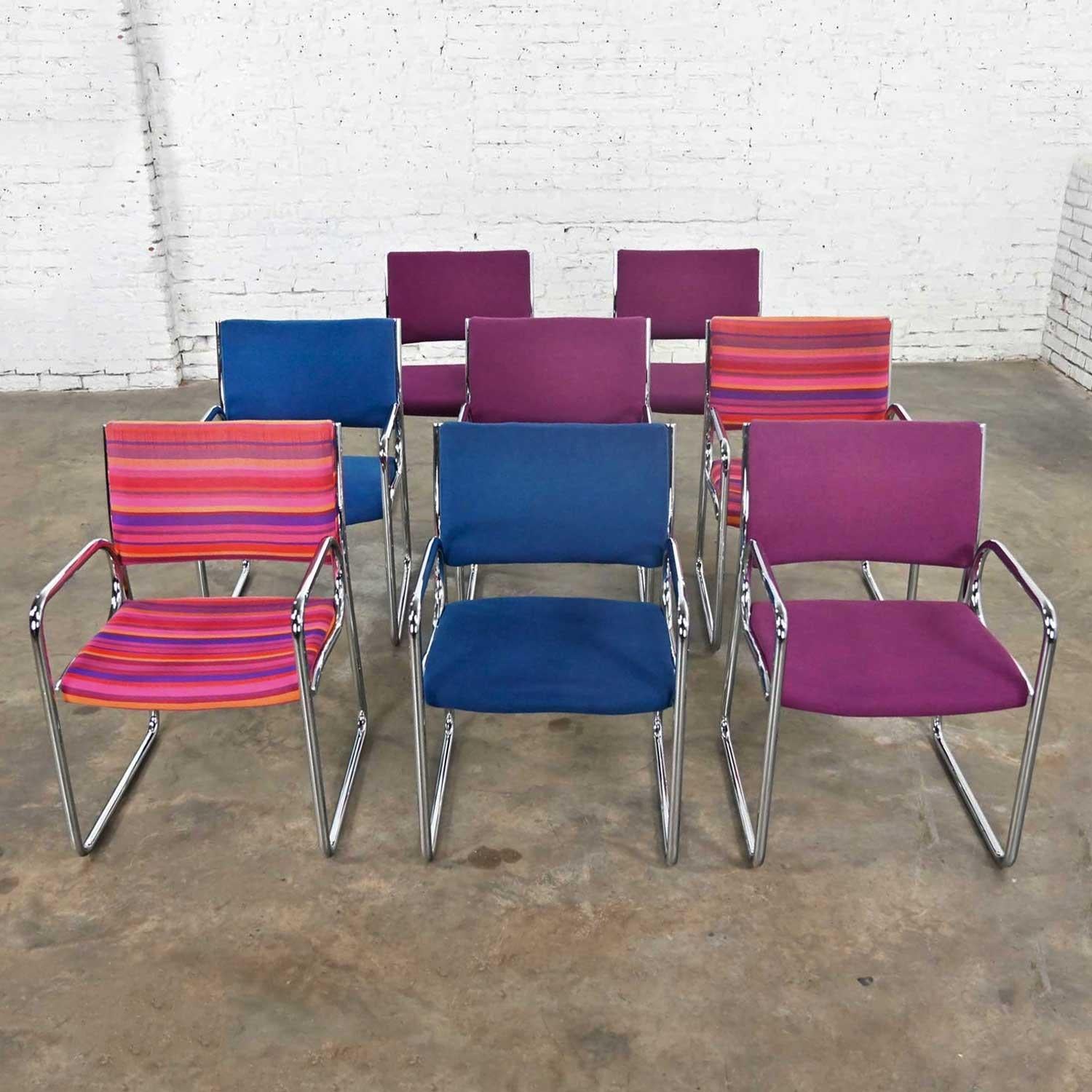 Modern Vecta Chrome Armchairs 4 Purple 2 Blue 2 Multicolored Stripe Set of 8 For Sale 2