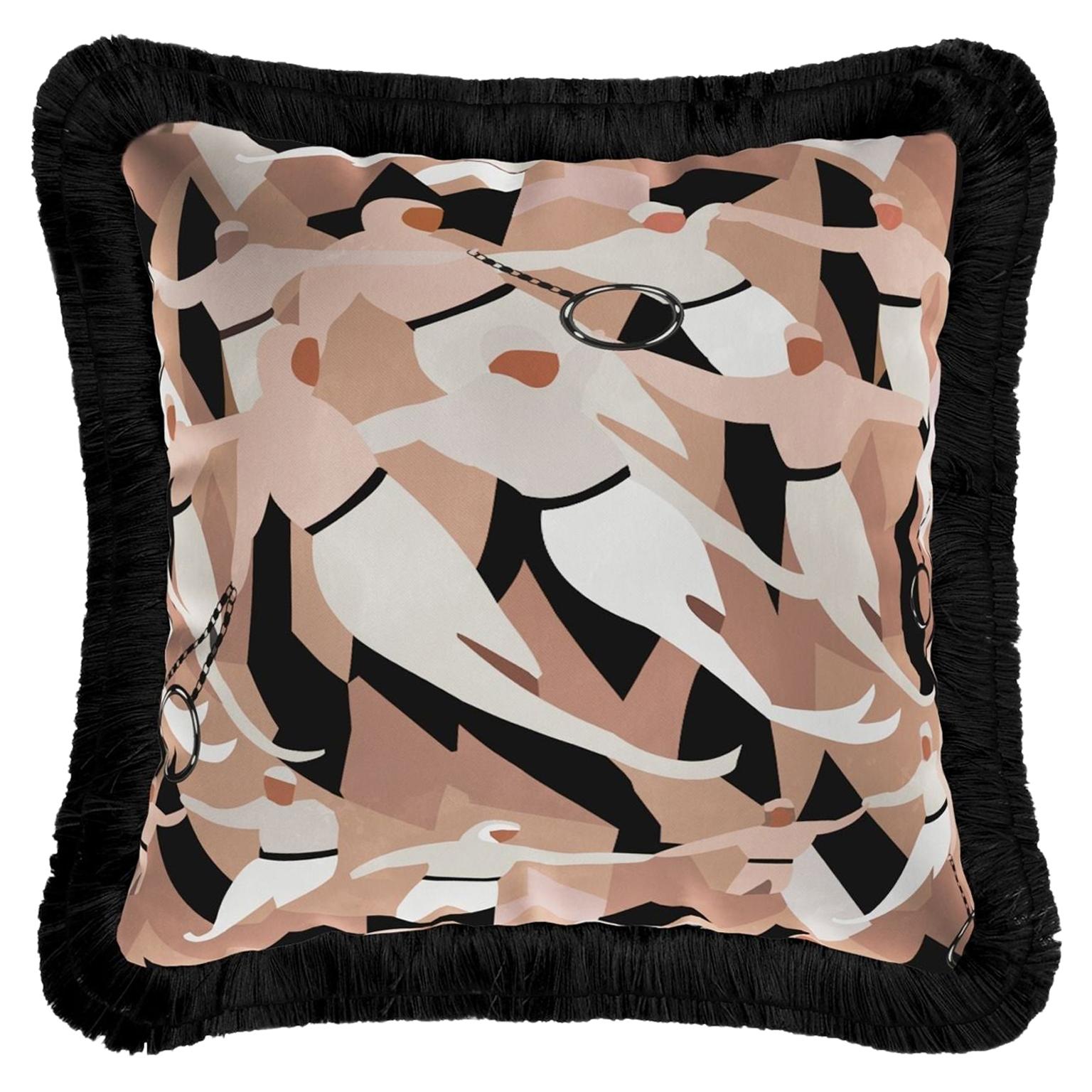 Modern Velvet Cushion, Acrobat Circus Man Luxury Pattern Pillow Black Fringes