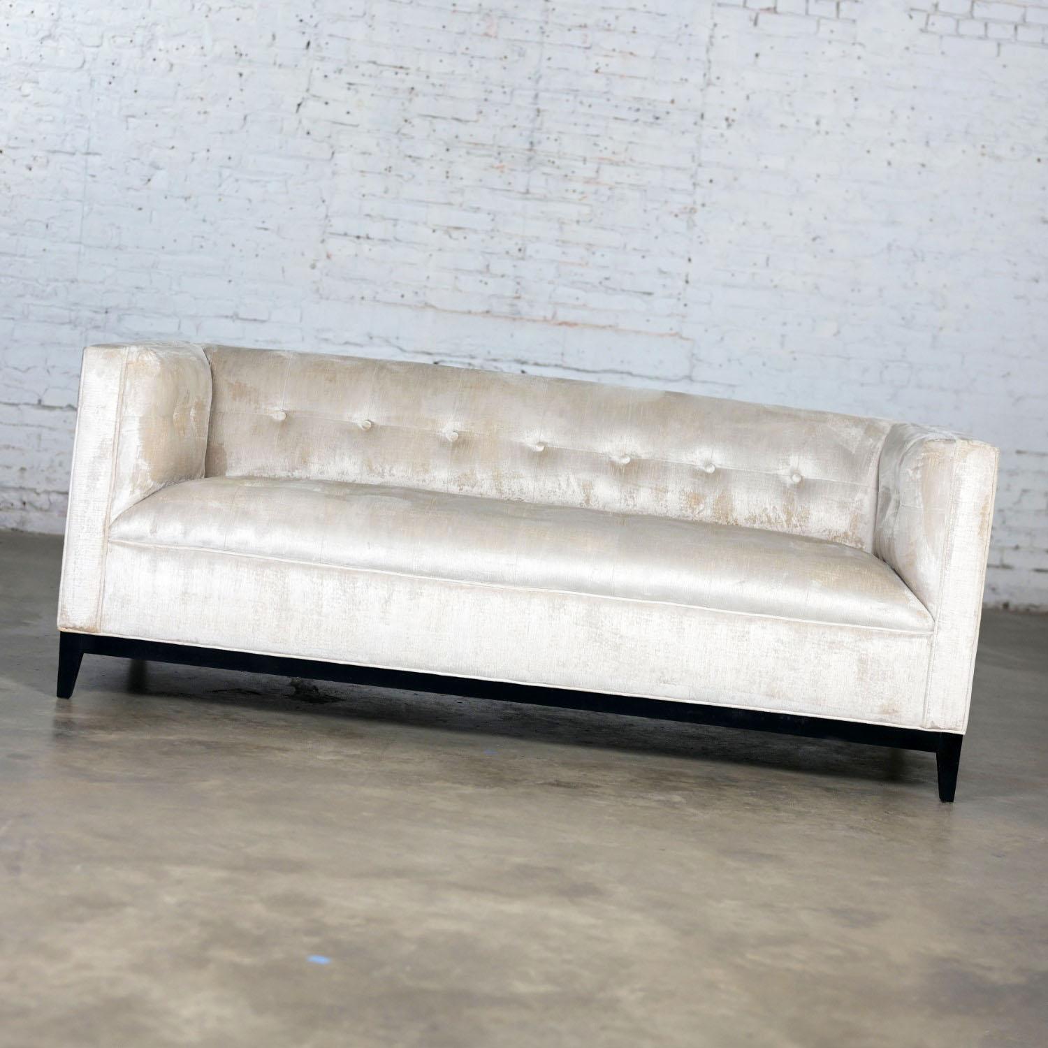Modern Velvet Tuxedo Sofa Settee Tight Back w/Button Detail & Black Wood Base For Sale 5