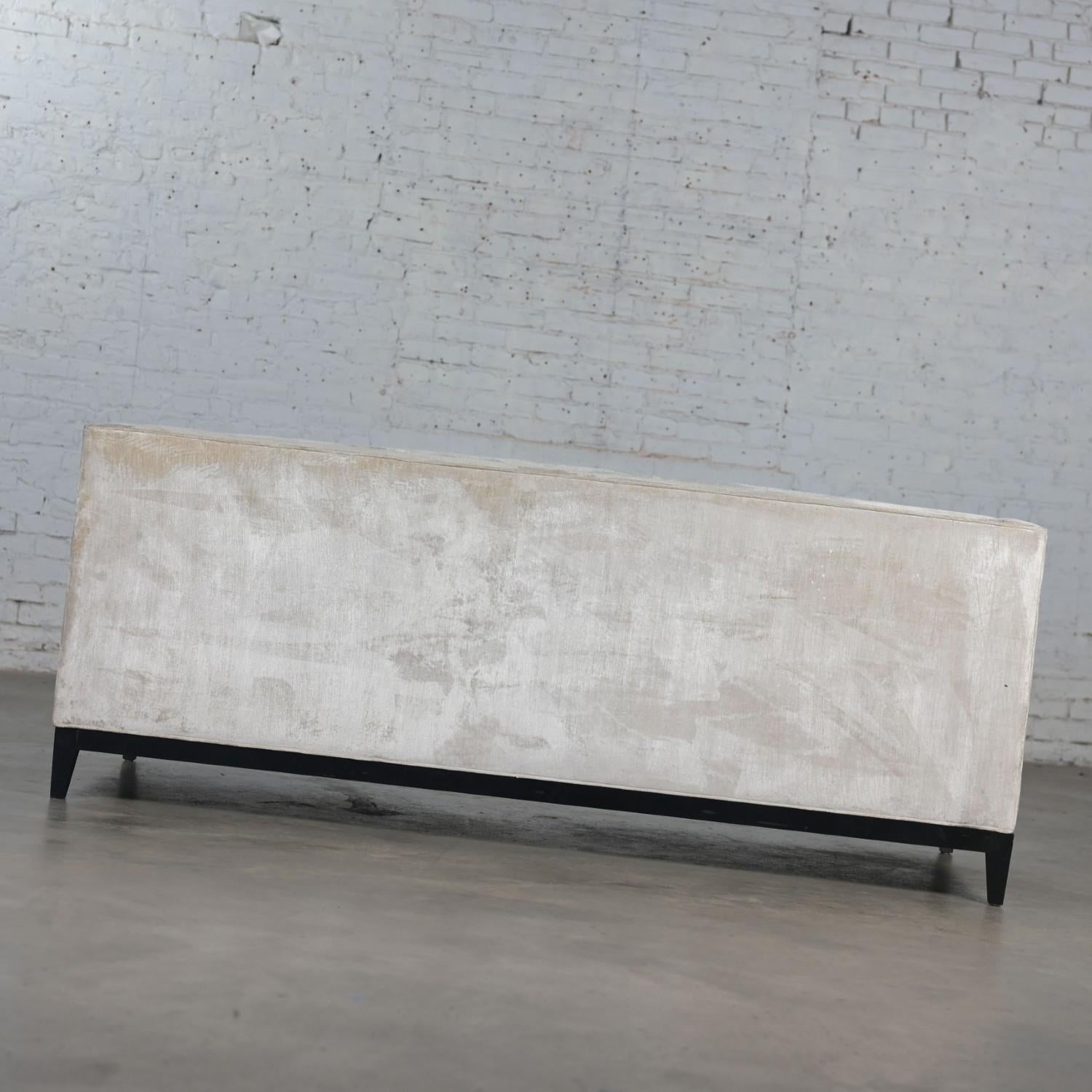 Modern Velvet Tuxedo Sofa Settee Tight Back w/Button Detail & Black Wood Base For Sale 9
