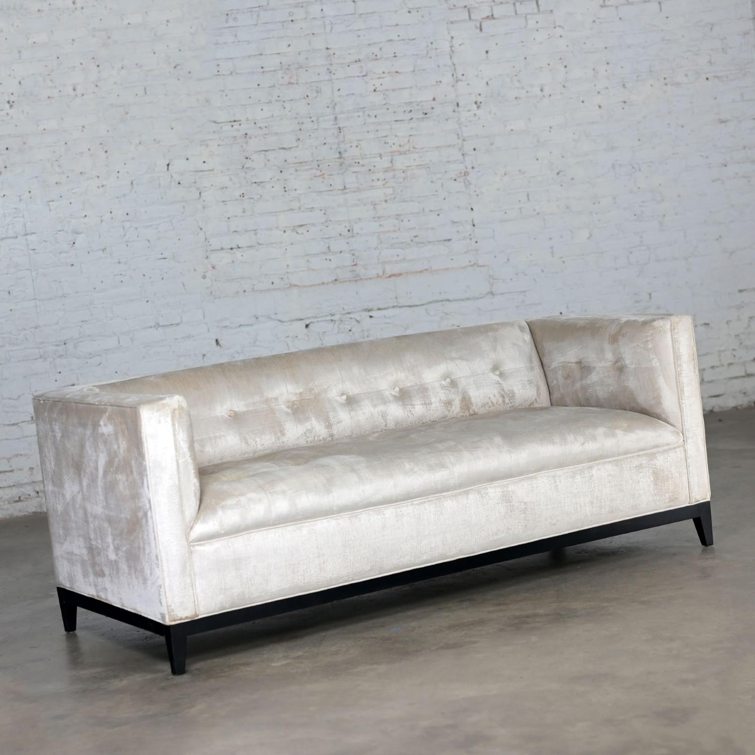 Modern Velvet Tuxedo Sofa Settee Tight Back w/Button Detail & Black Wood Base For Sale 10
