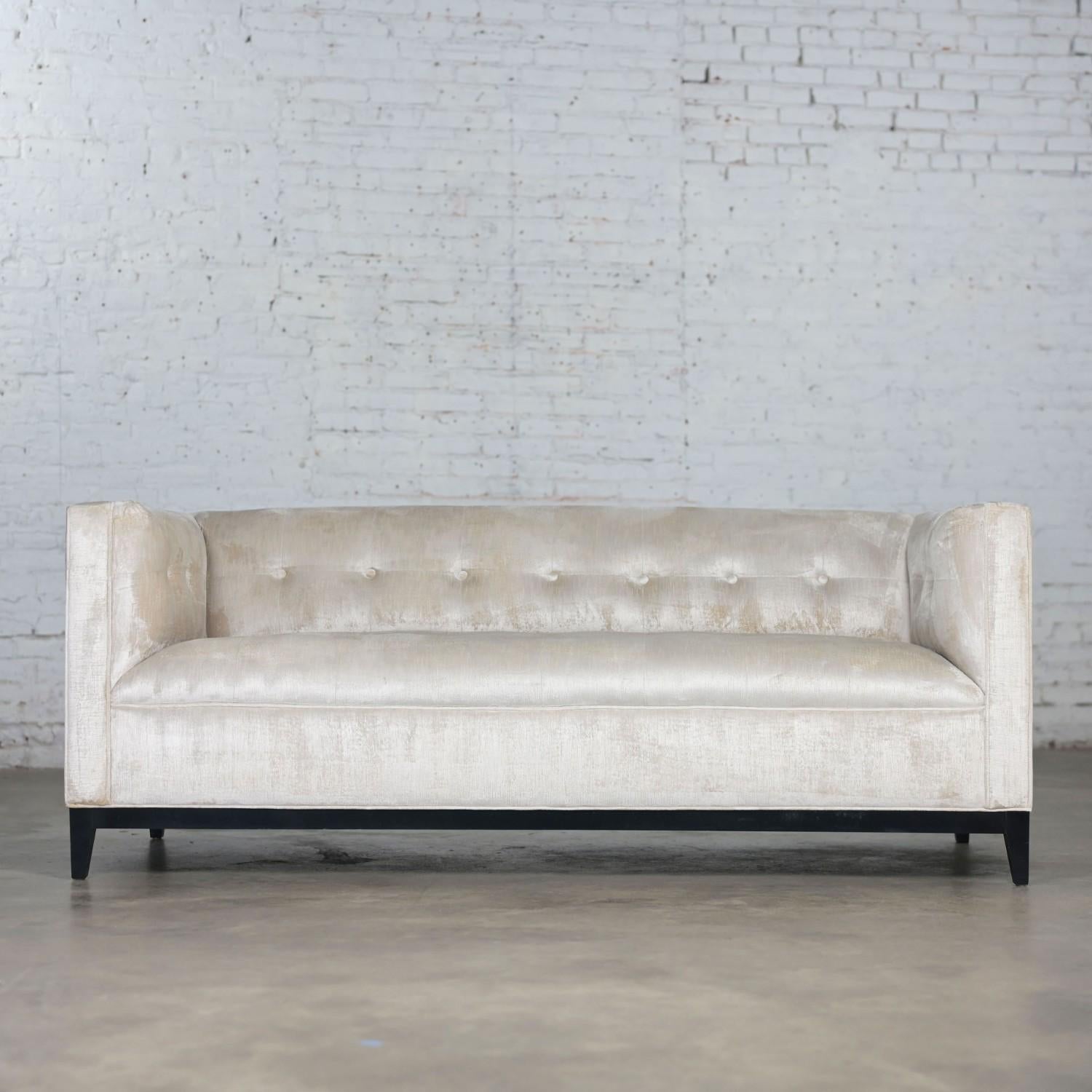 Unknown Modern Velvet Tuxedo Sofa Settee Tight Back w/Button Detail & Black Wood Base For Sale