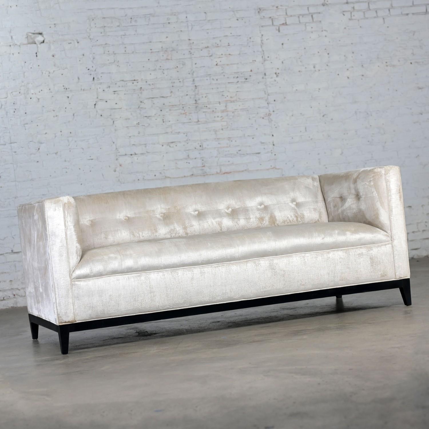 Modern Velvet Tuxedo Sofa Settee Tight Back w/Button Detail & Black Wood Base In Good Condition For Sale In Topeka, KS