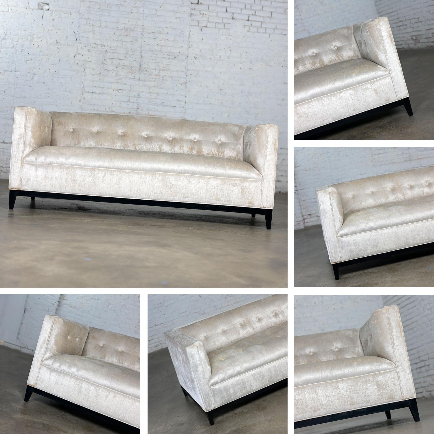 Modern Velvet Tuxedo Sofa Settee Tight Back w/Button Detail & Black Wood Base For Sale 1
