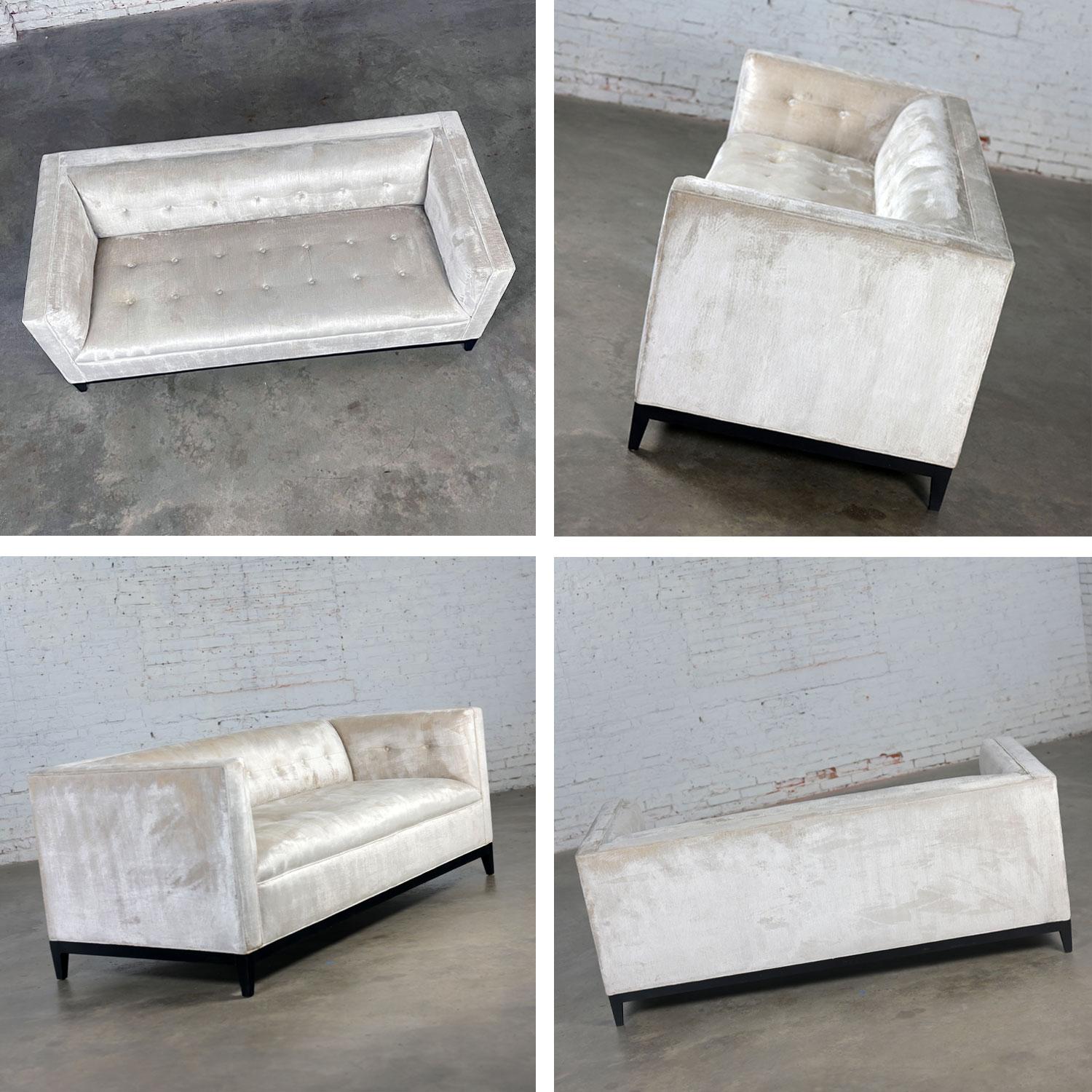 Modern Velvet Tuxedo Sofa Settee Tight Back w/Button Detail & Black Wood Base For Sale 2