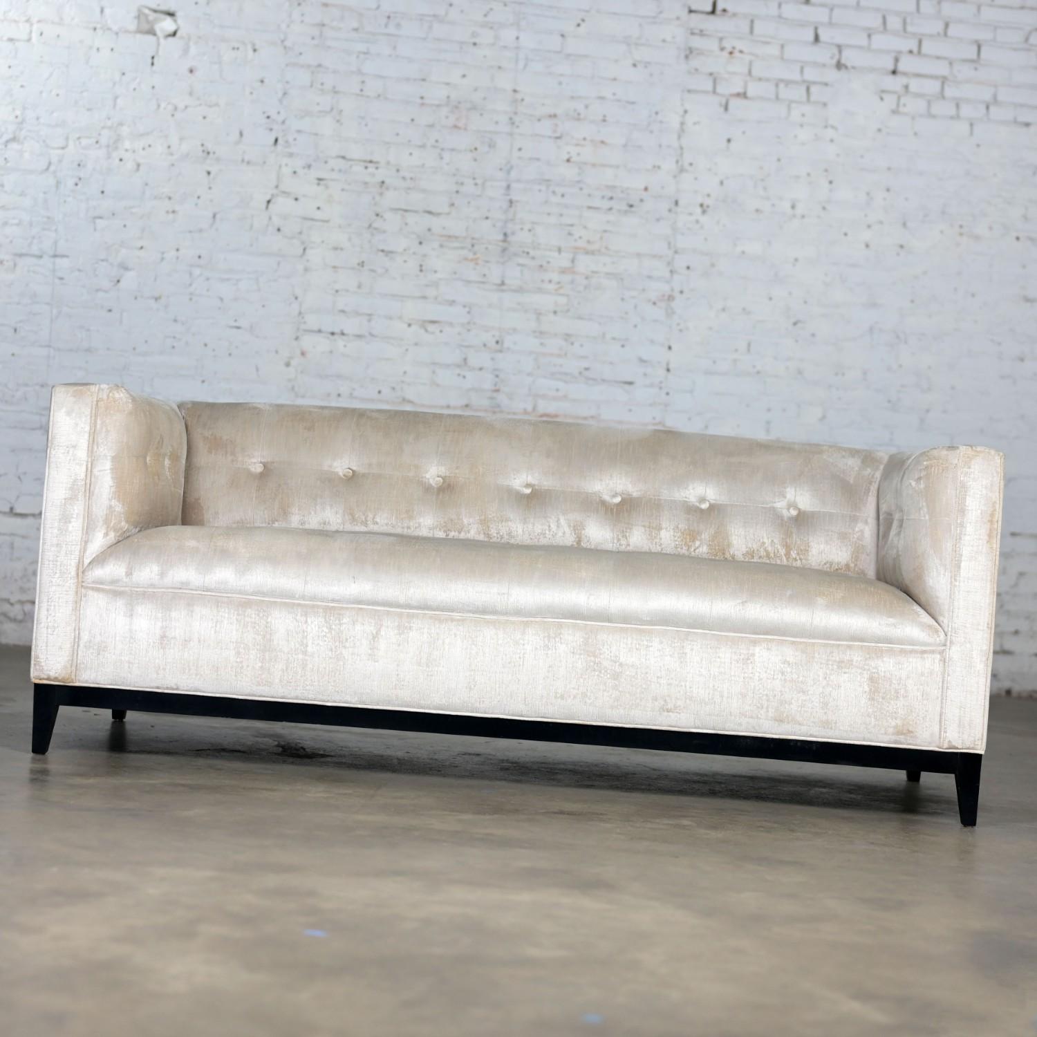 Modern Velvet Tuxedo Sofa Settee Tight Back w/Button Detail & Black Wood Base For Sale 4