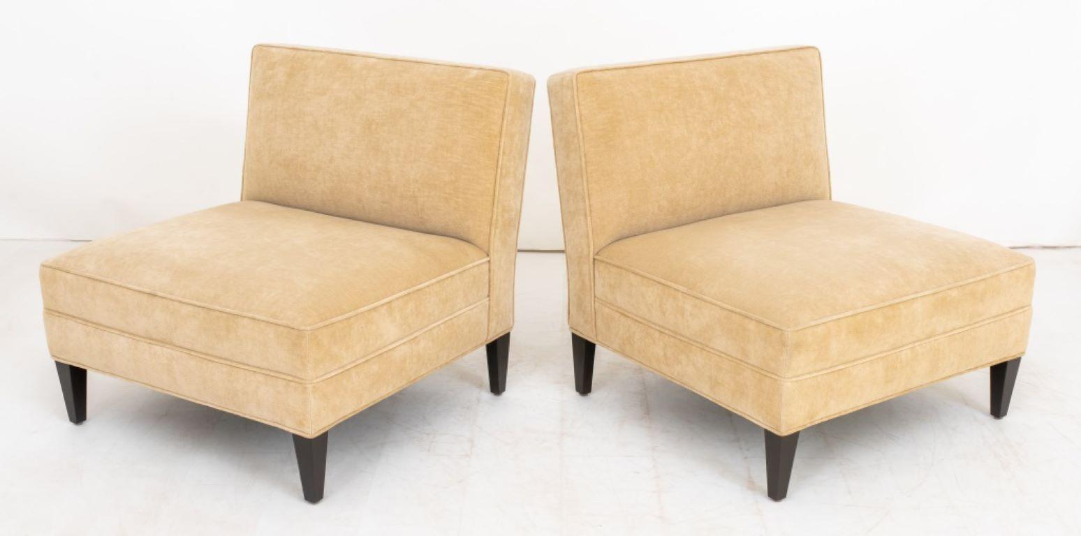 Pair of Modern Beige Velvet Upholstered Slipper Chairs. Provenance: From a S. Russell Groves-designed Manhattan apartment. Note: This item is only available for preview at our Astoria warehouse, located at 36-01 35th St., Astoria, NY 11106. To see