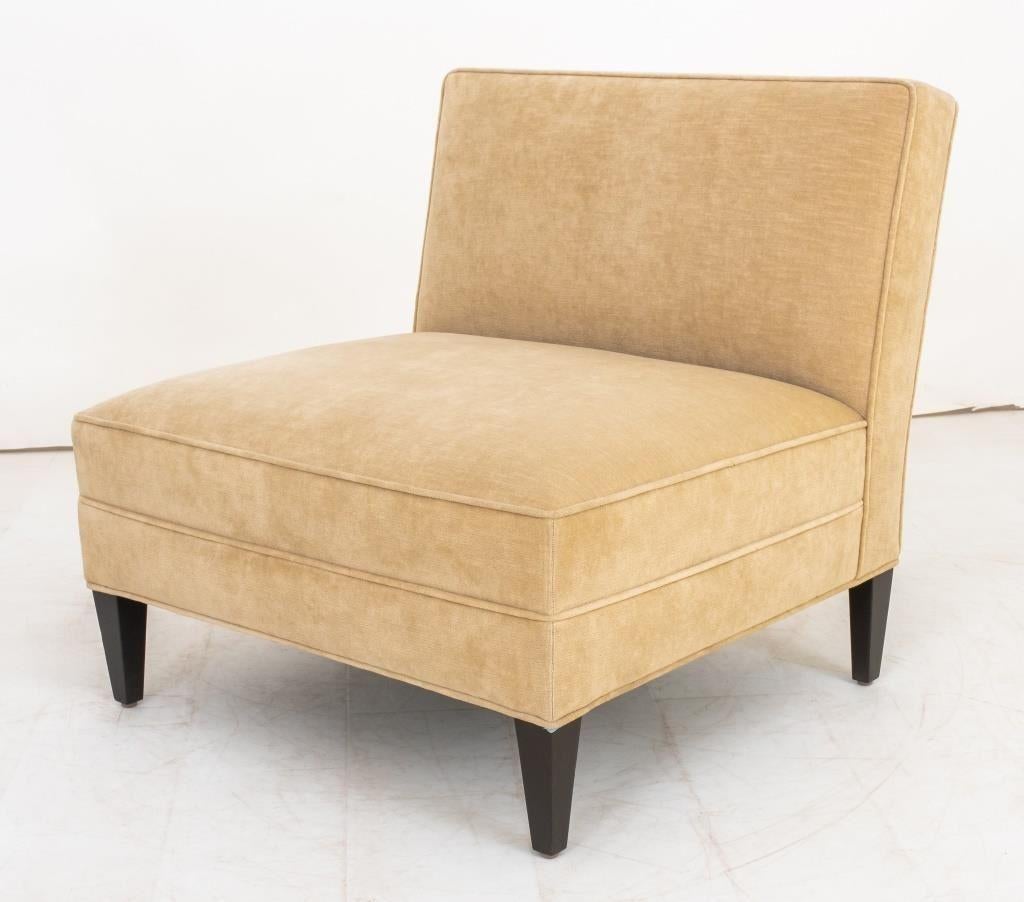 Modern Velvet Upholstered Slipper Chairs, Pair For Sale 2