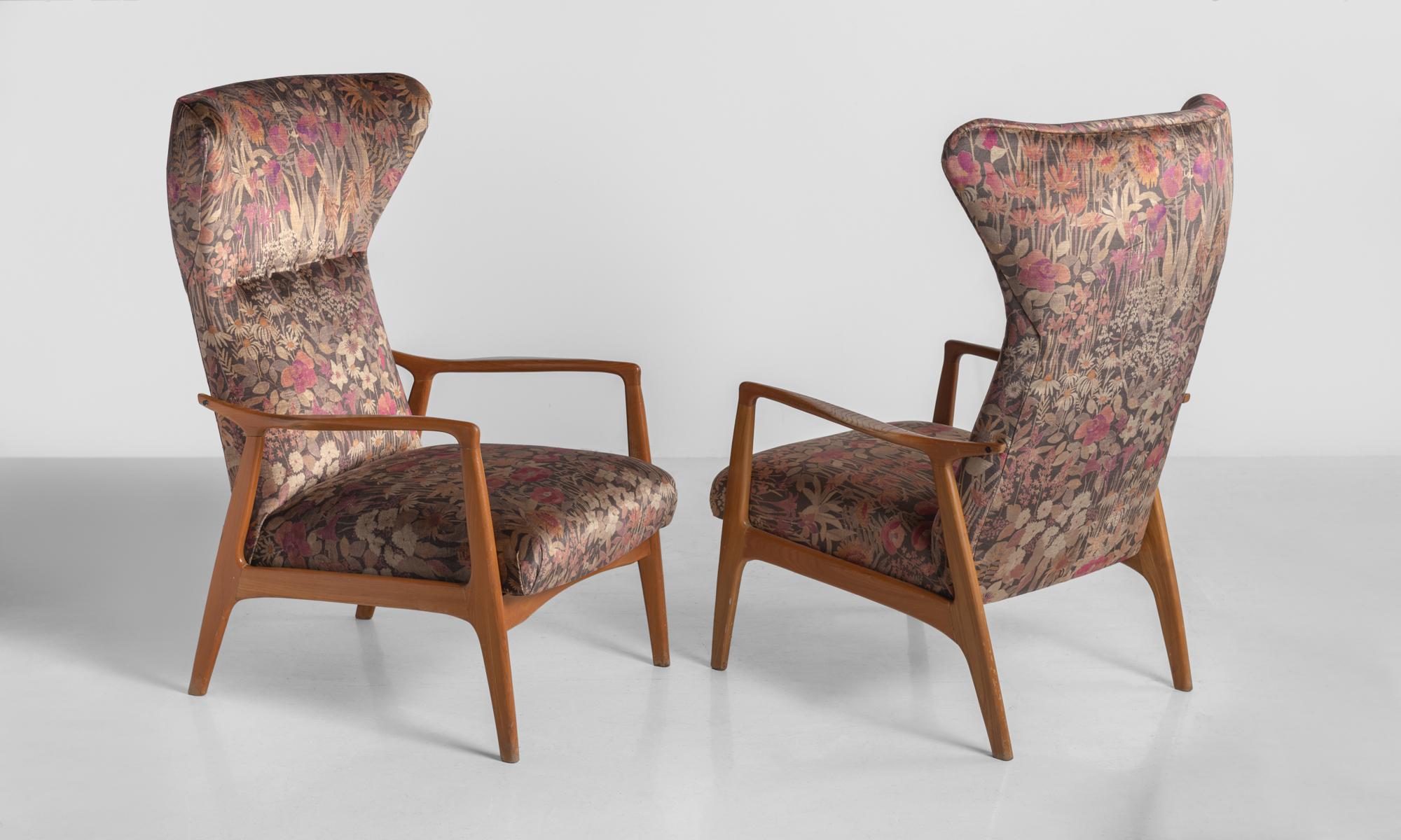 Mid-Century Modern Modern Velvet Wingback Armchairs, France, circa 1950
