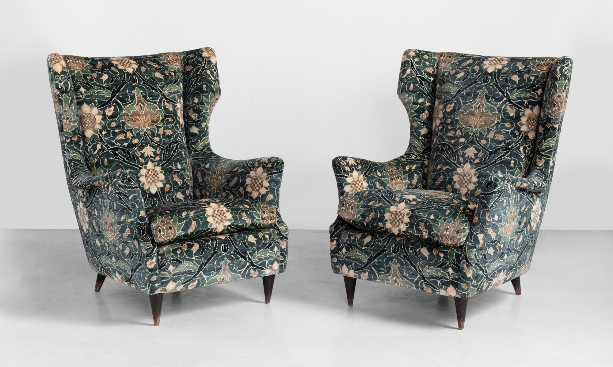 Modern Velvet wingback chairs, Italy, circa 1950

Handsome, modern armchairs, newly upholstered in velvet Morris & Co. fabric.