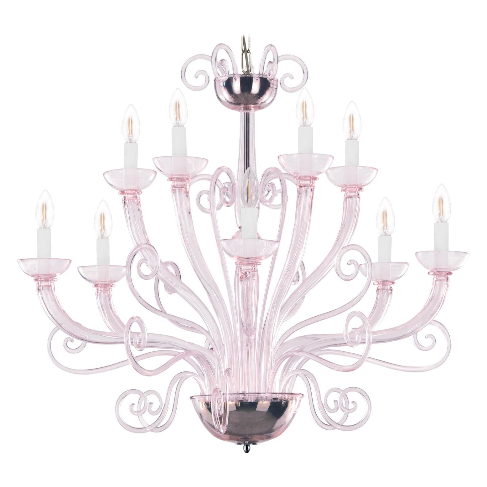21st Century Venetian Chandelier 10 Arms Light Pink Murano Glass by Multiforme For Sale