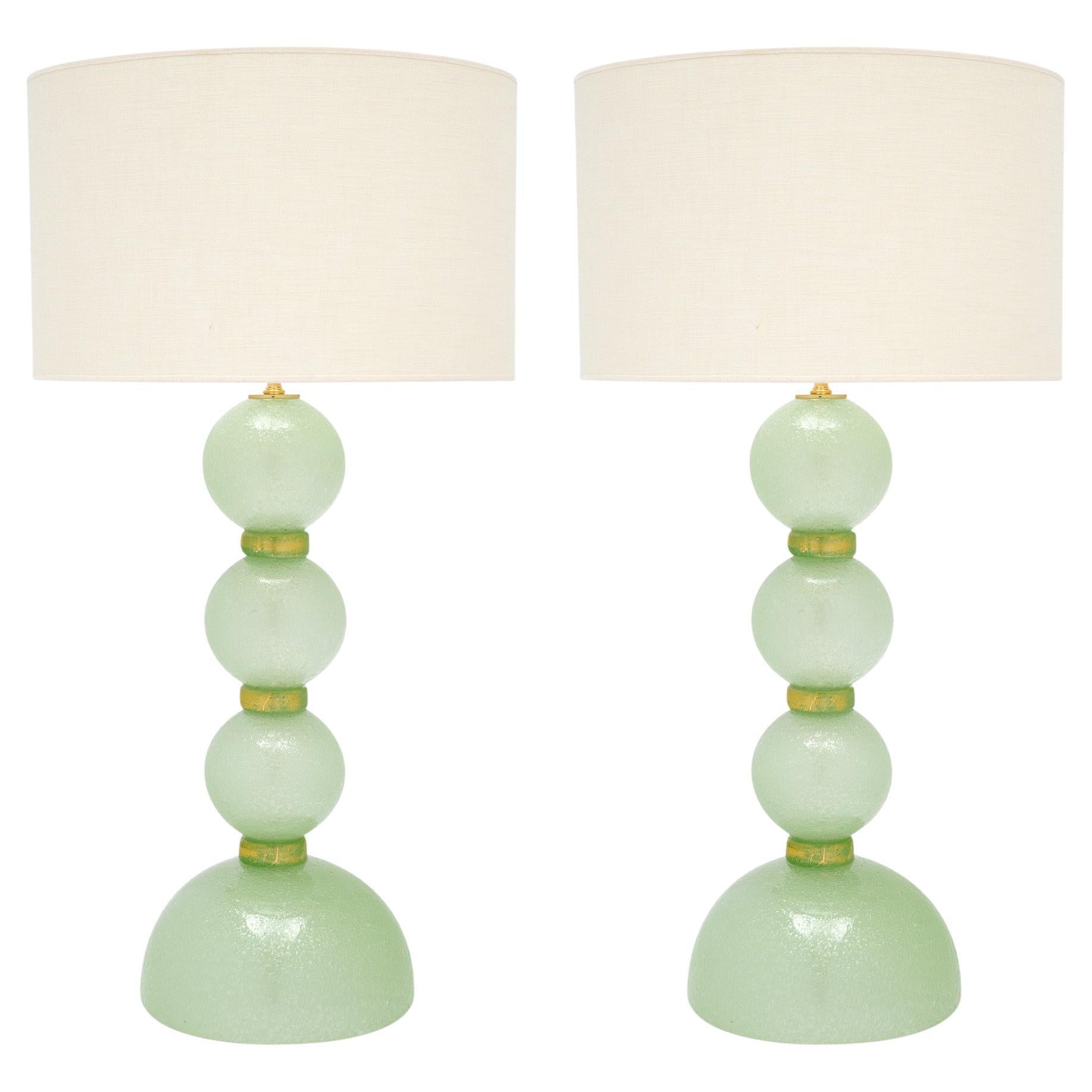 Modern Venetian Glass Soft Green Pulegoso Lamps, Han-Blown in Italy