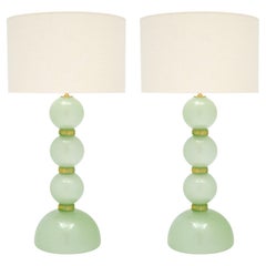 Modern Venetian Glass Soft Green Pulegoso Lamps, Han-Blown in Italy