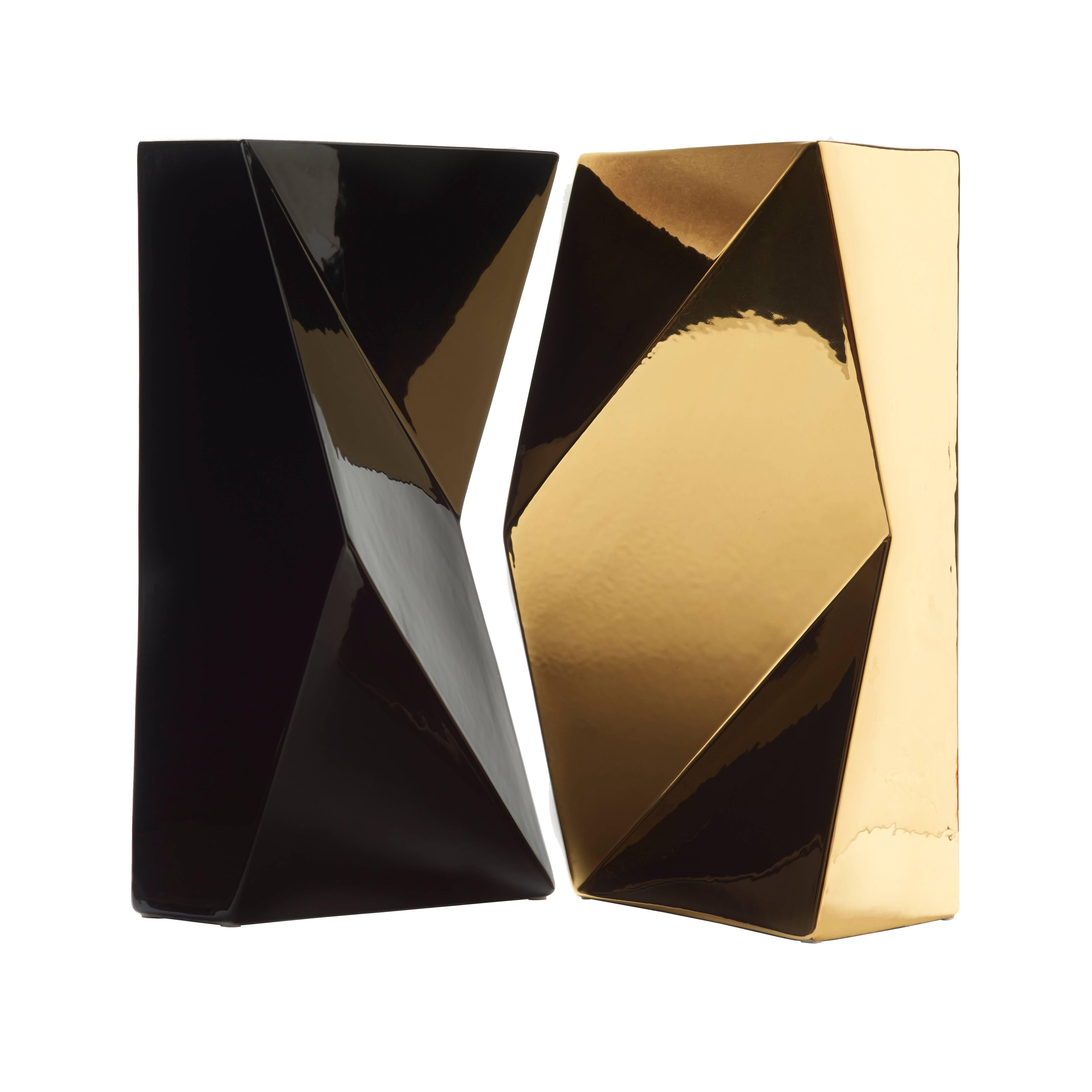 Modern "Verso" Pair of Handmade Ceramic Vases in Black and Gold For Sale