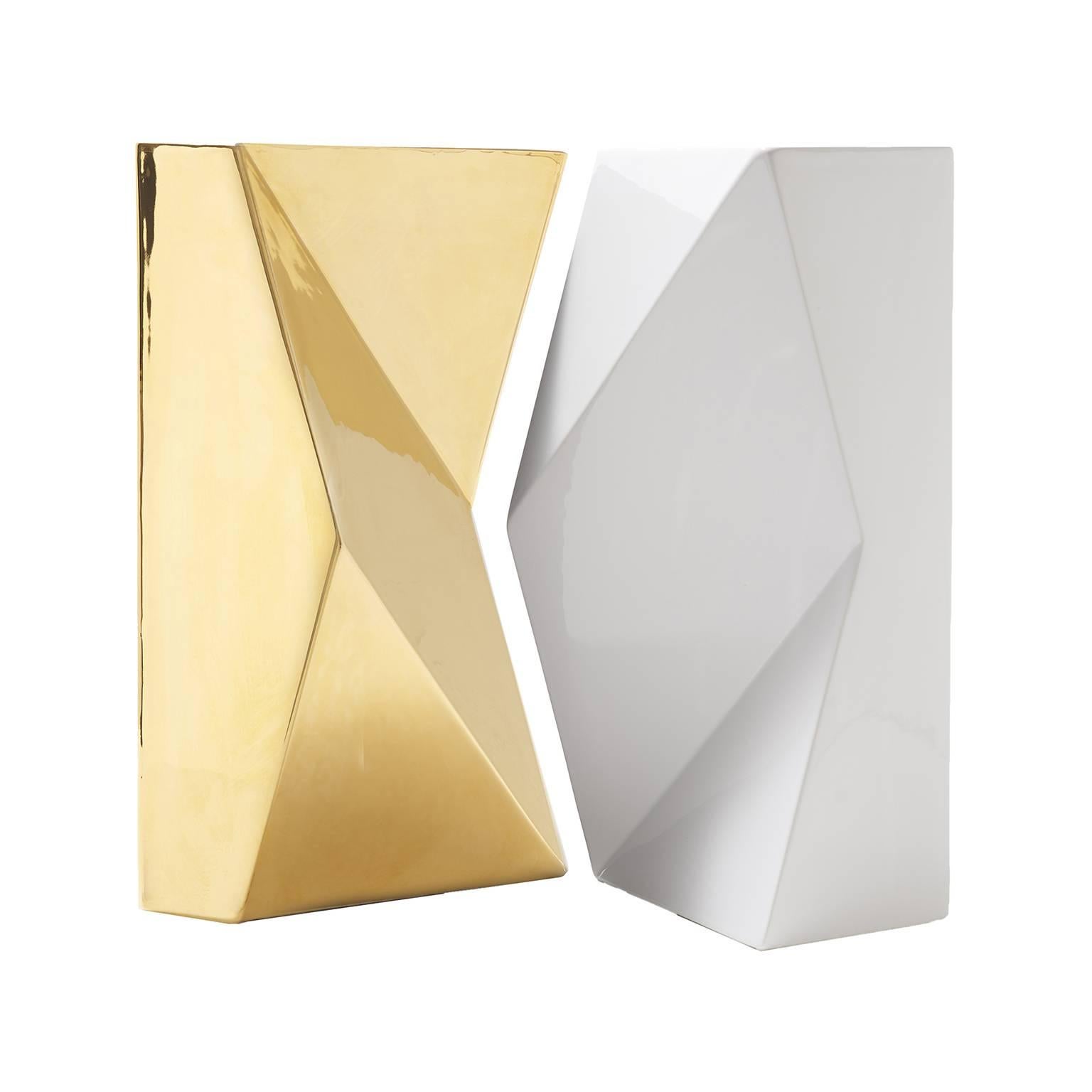 Modern "Verso" Pair of Handmade Ceramic Vases in Gold and White For Sale