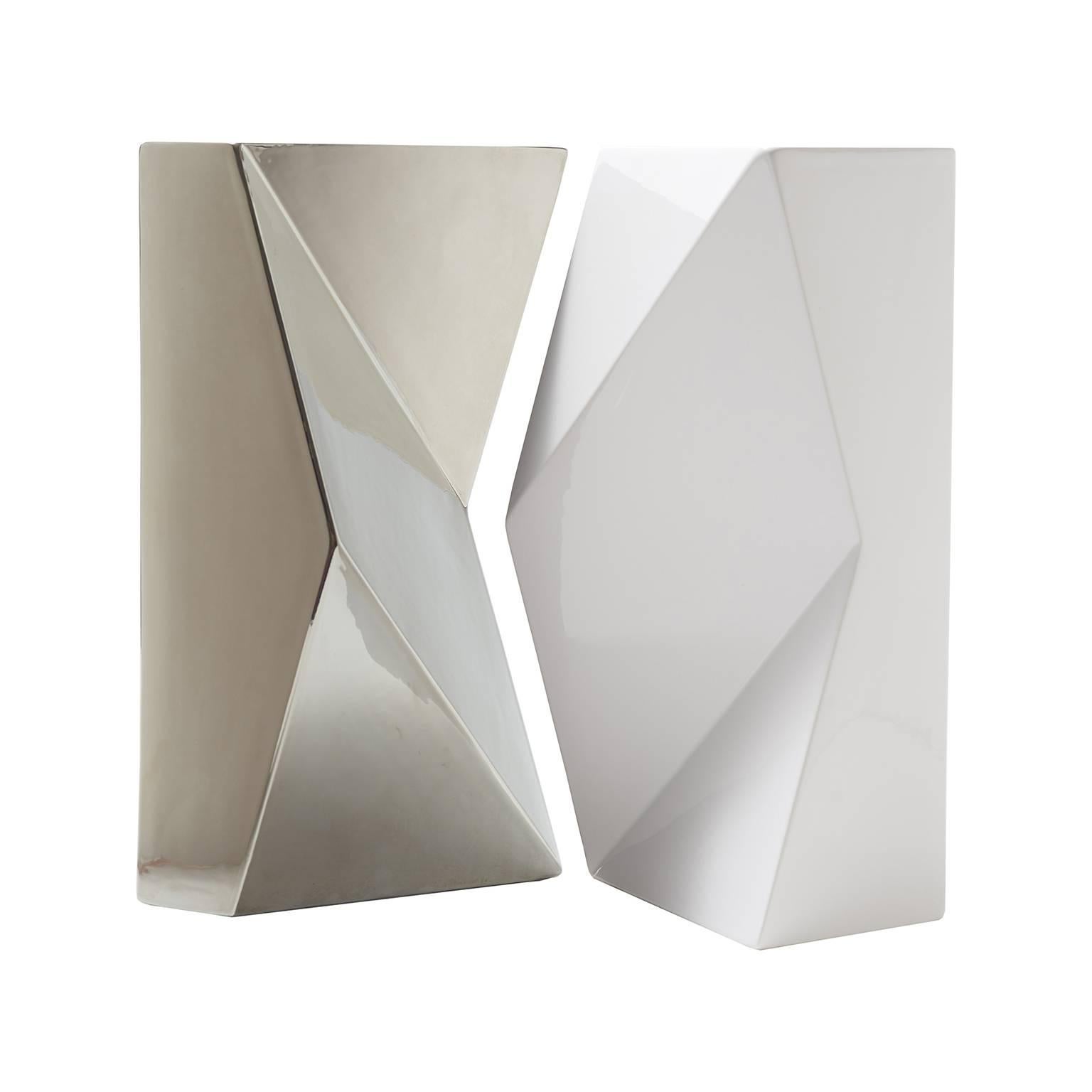 Modern "Verso" Pair of Handmade Ceramic Vases in Platinum and White For Sale